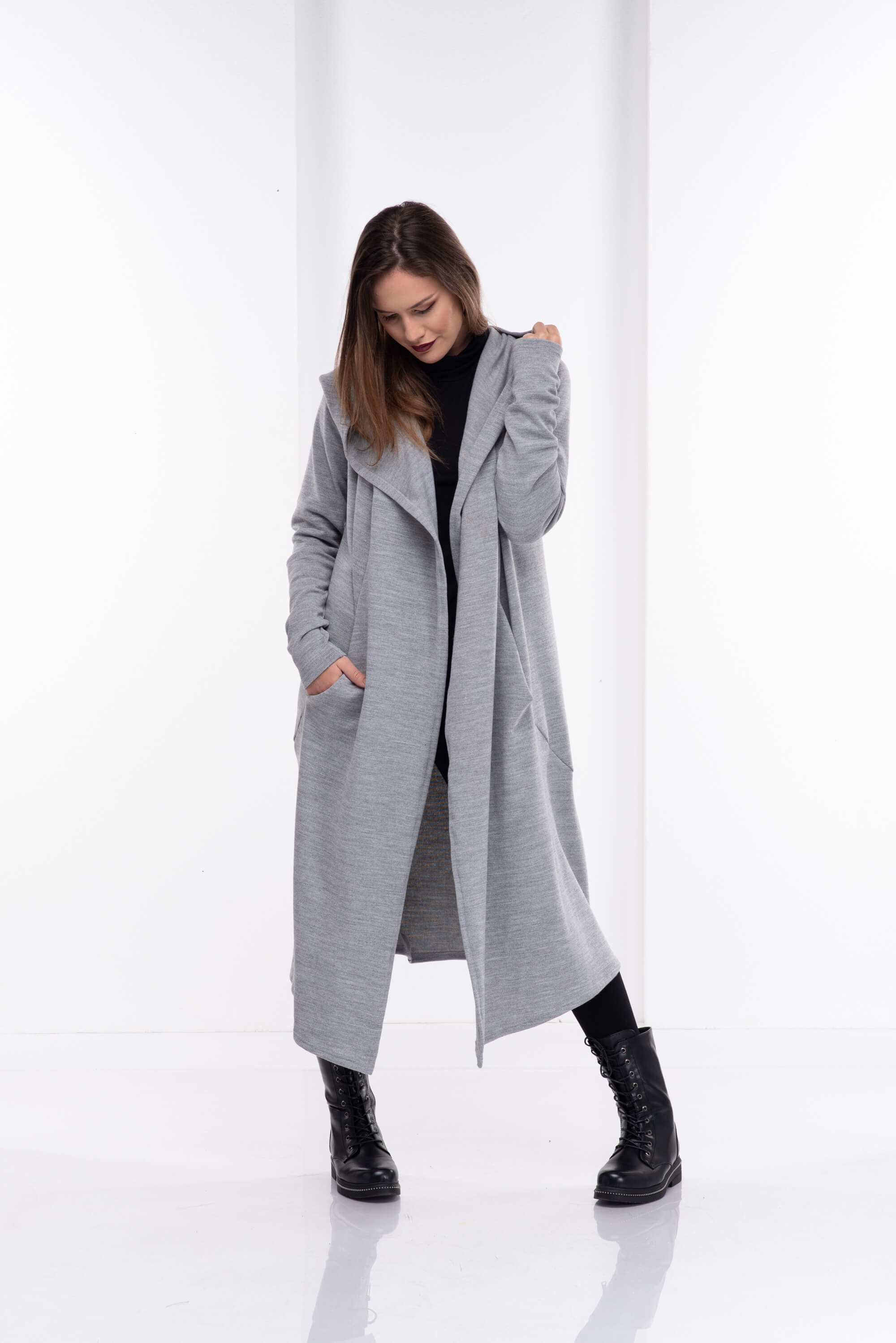 Light Grey Winter Hooded Cardigan Coat