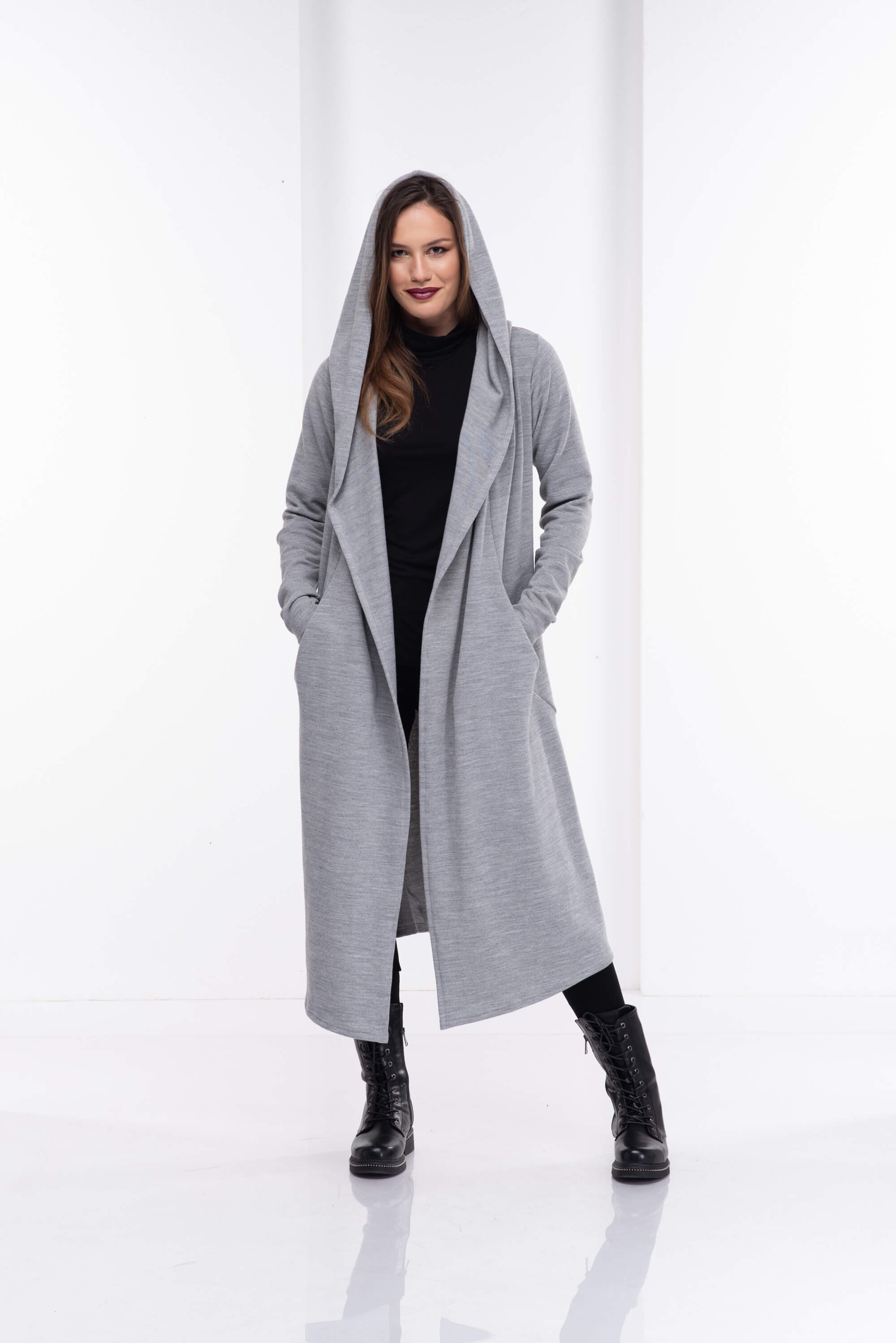 Light Grey Winter Hooded Cardigan Coat