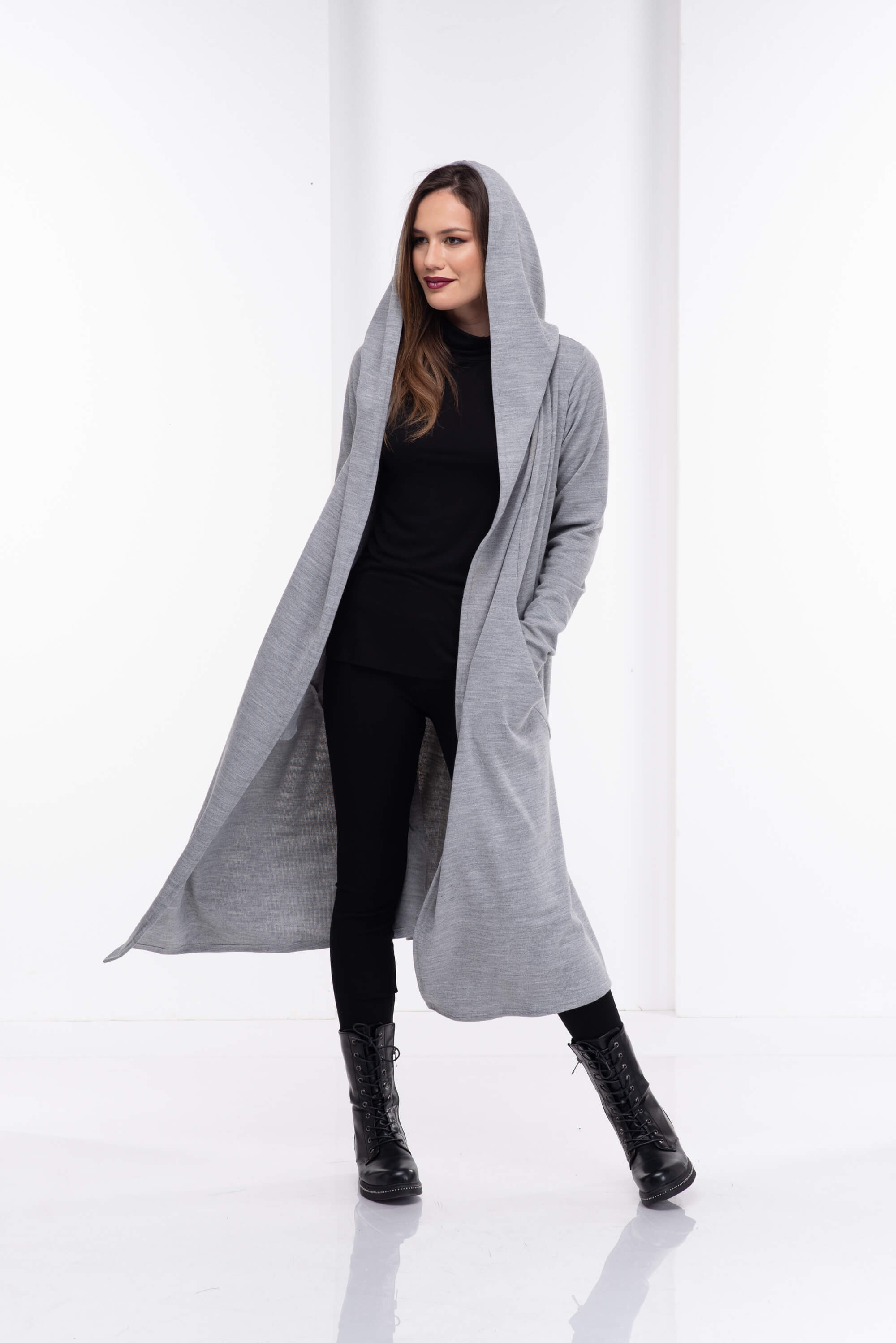 Light Grey Winter Hooded Cardigan Coat