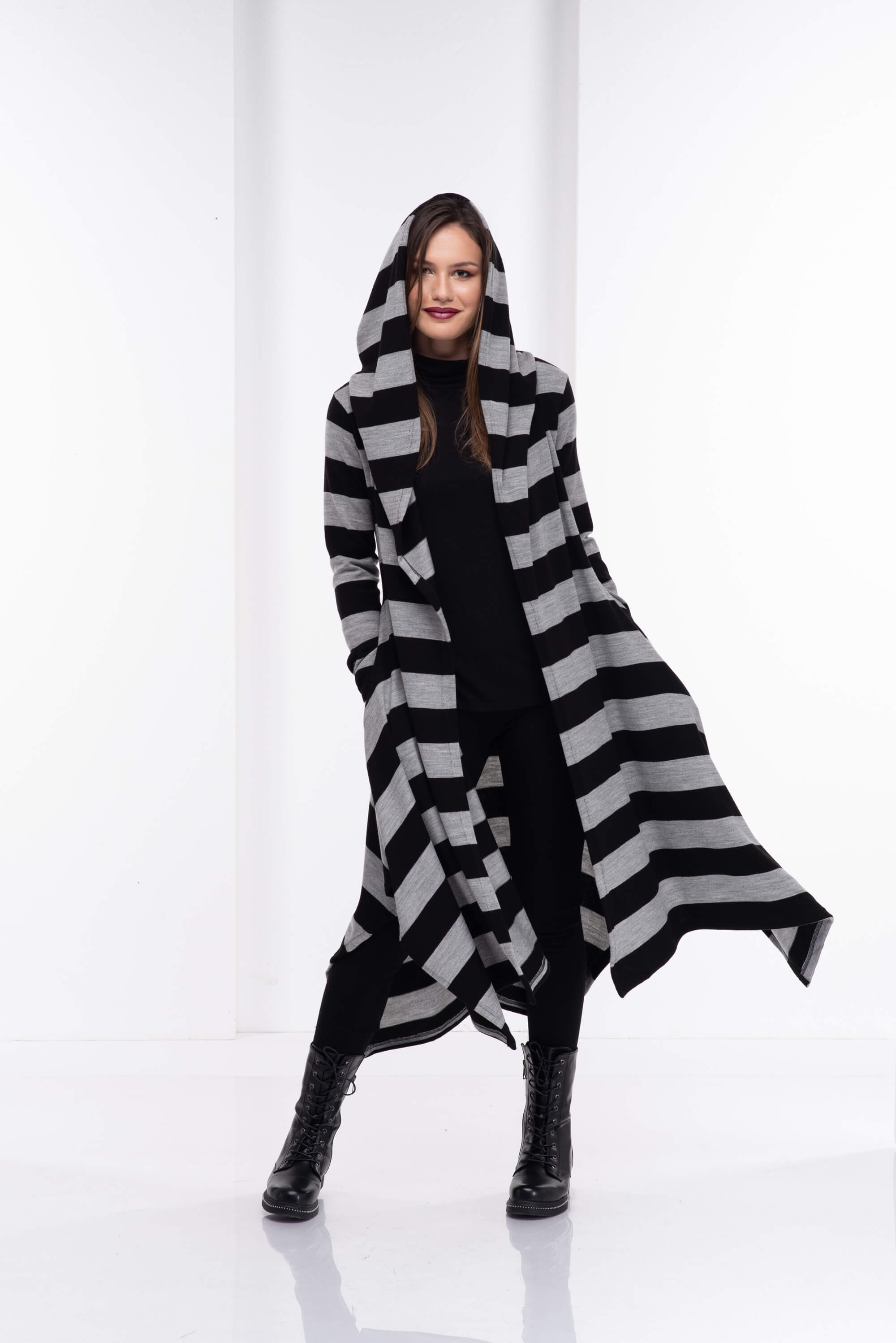 Black and Light Grey Loose Cloak with Hood