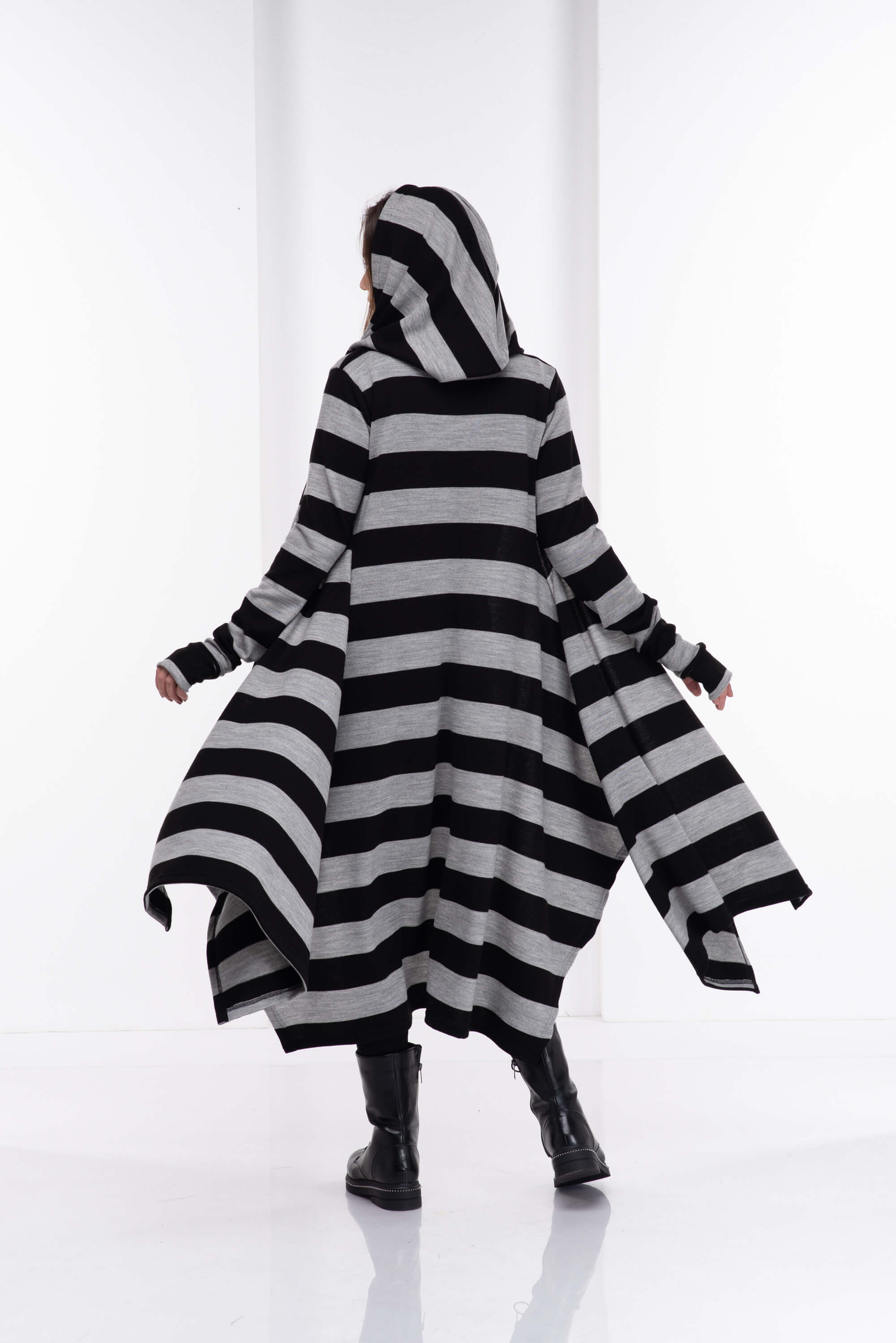 Black and Light Grey Loose Cloak with Hood