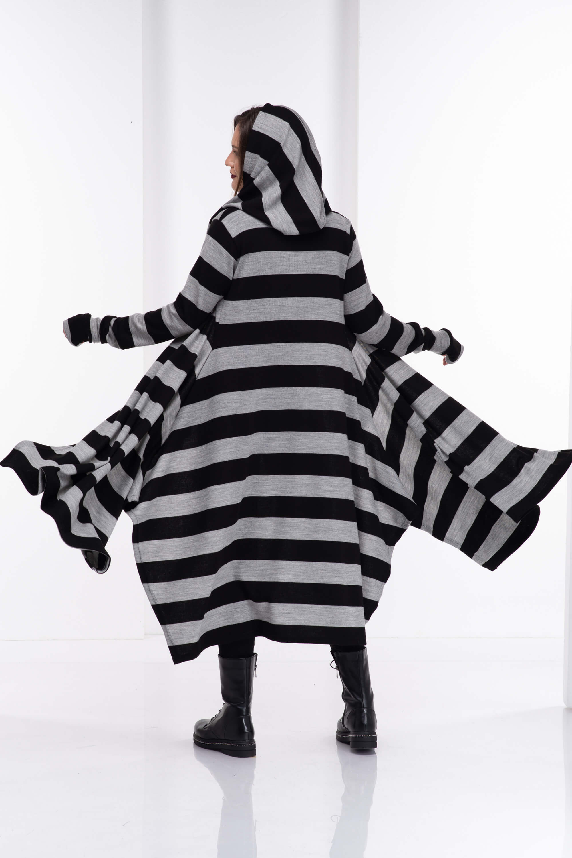 Black and Light Grey Loose Cloak with Hood