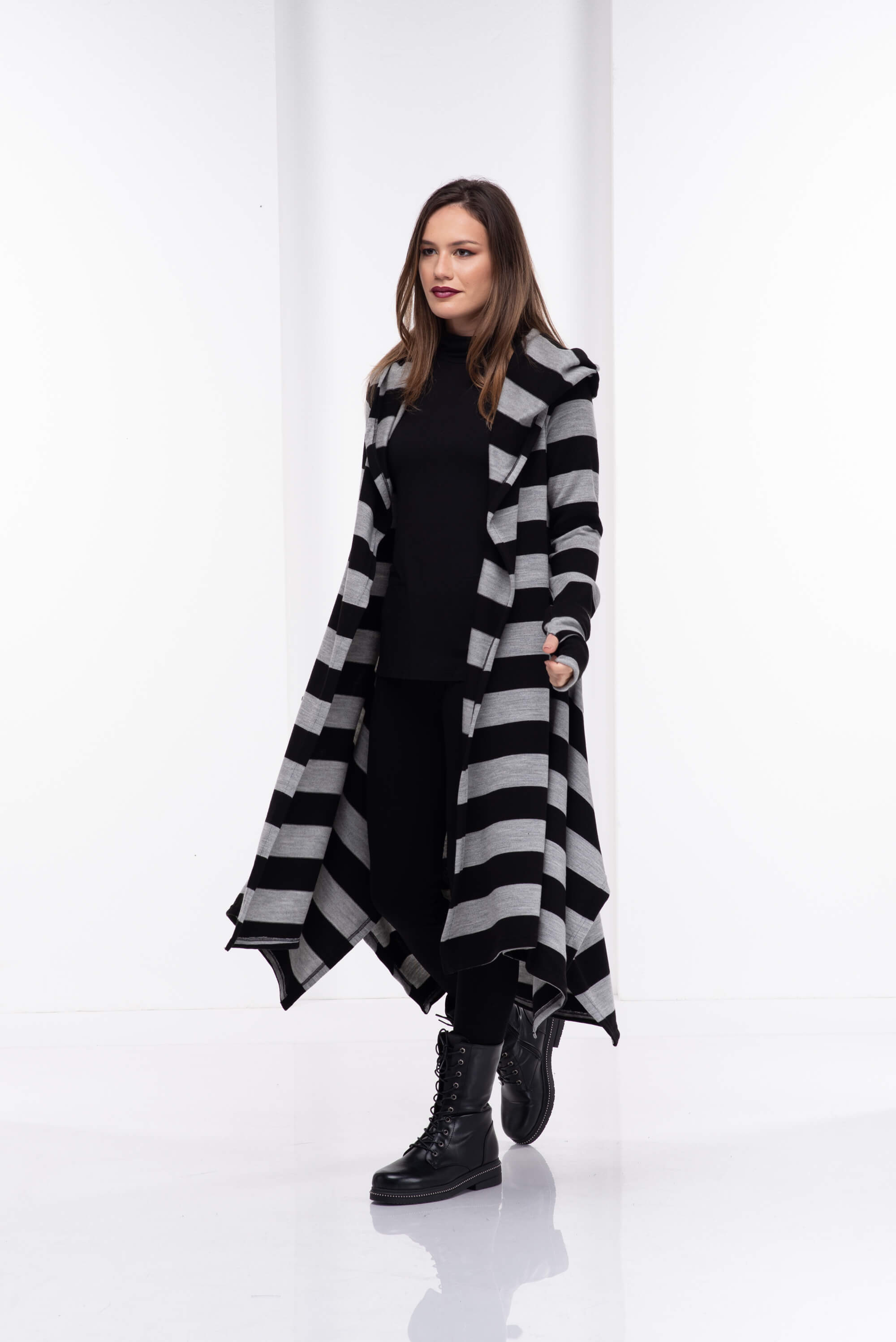 Black and Light Grey Loose Cloak with Hood