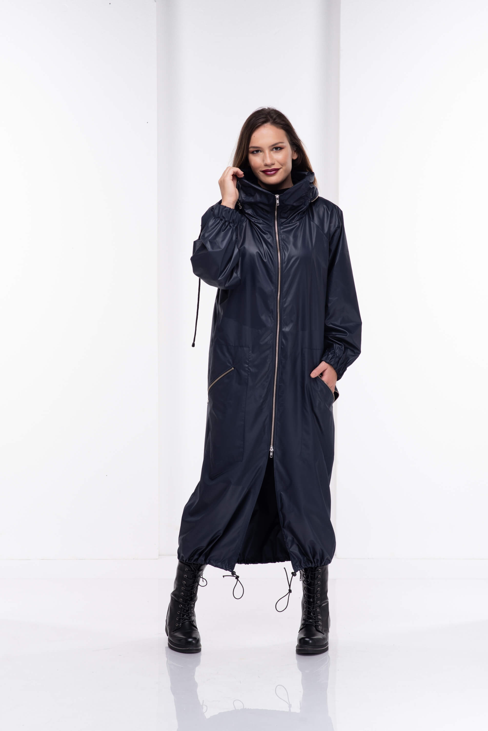 Dark Blue Hooded Long Rain Jacket