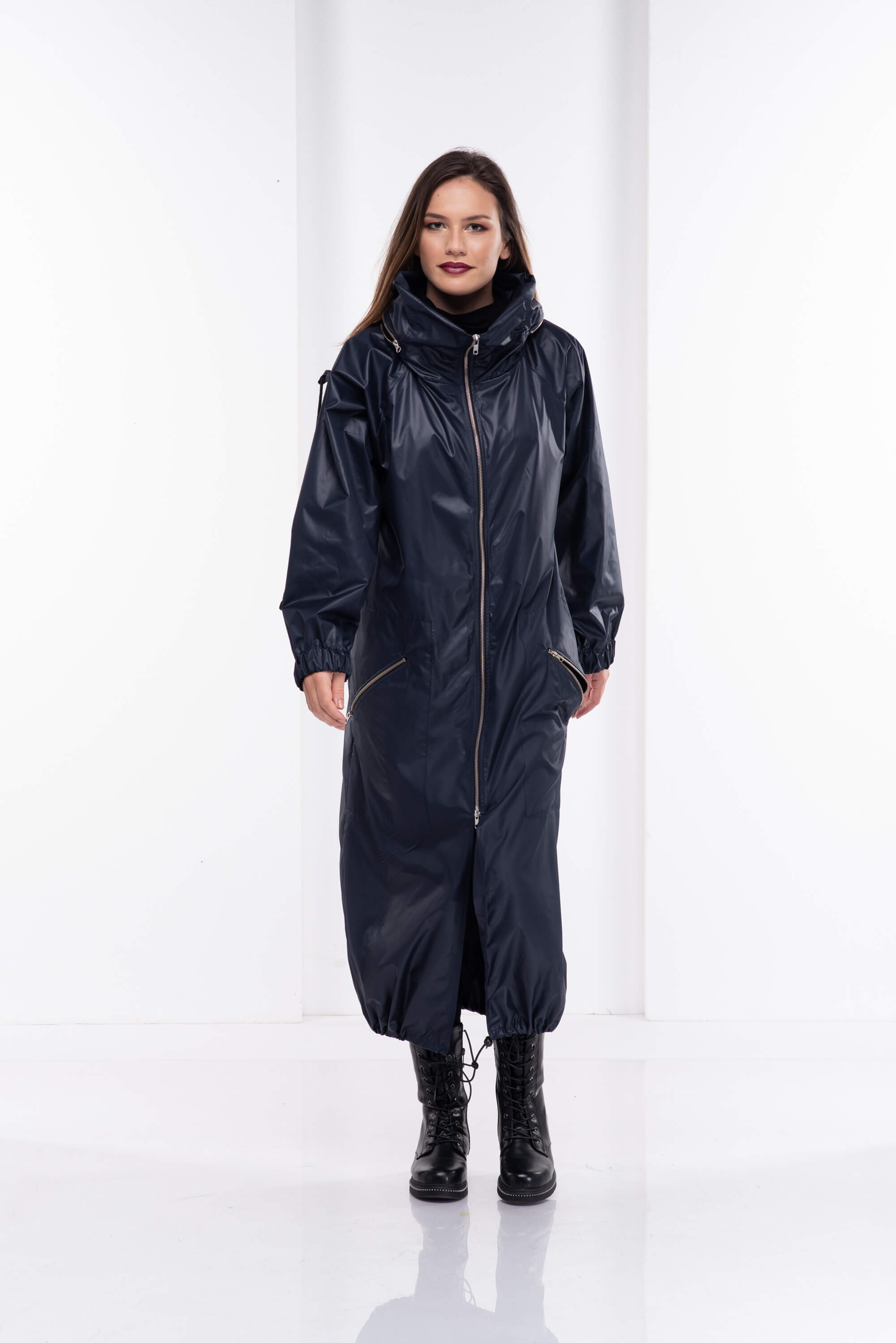 Dark Blue Hooded Long Rain Jacket