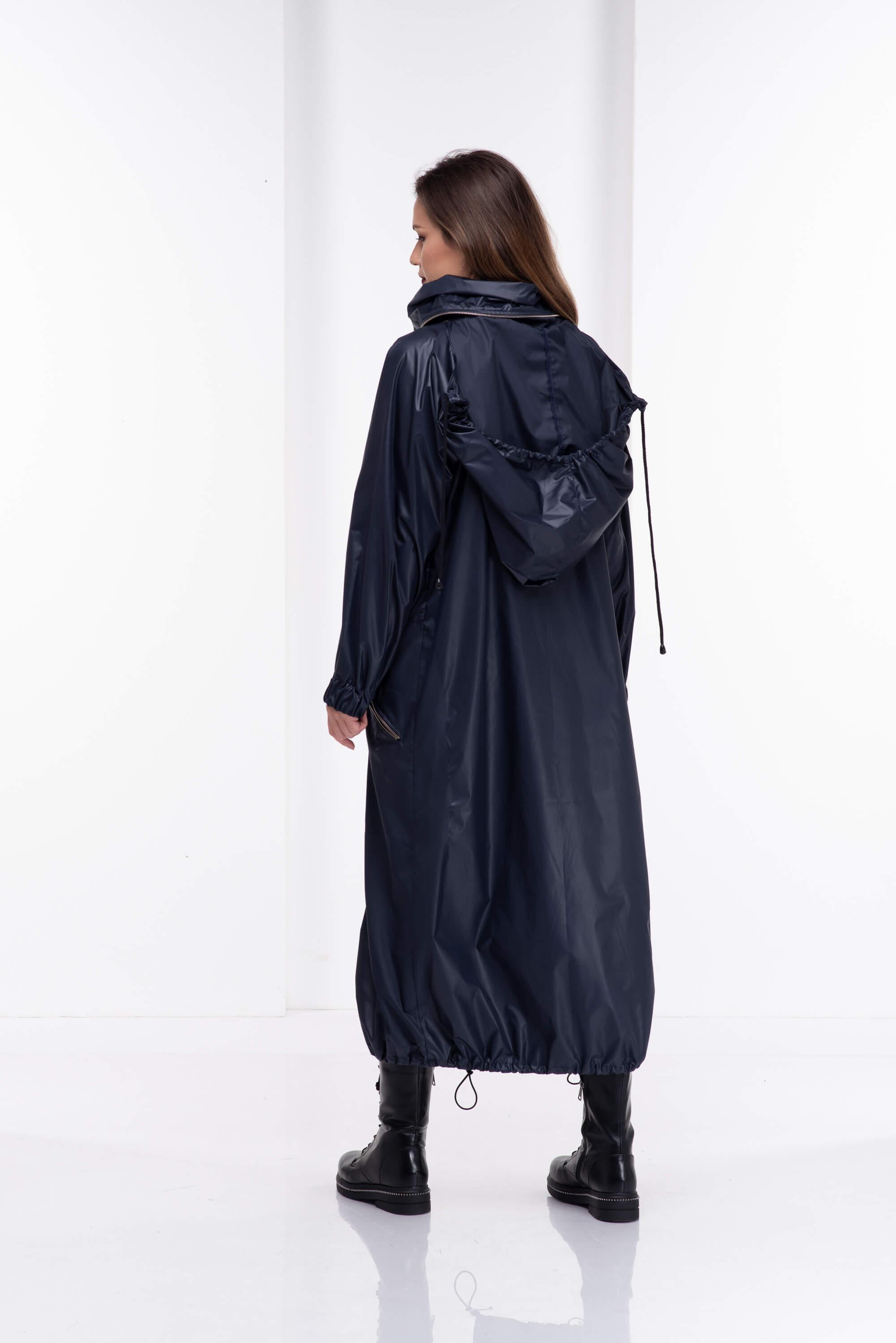 Dark Blue Hooded Long Rain Jacket