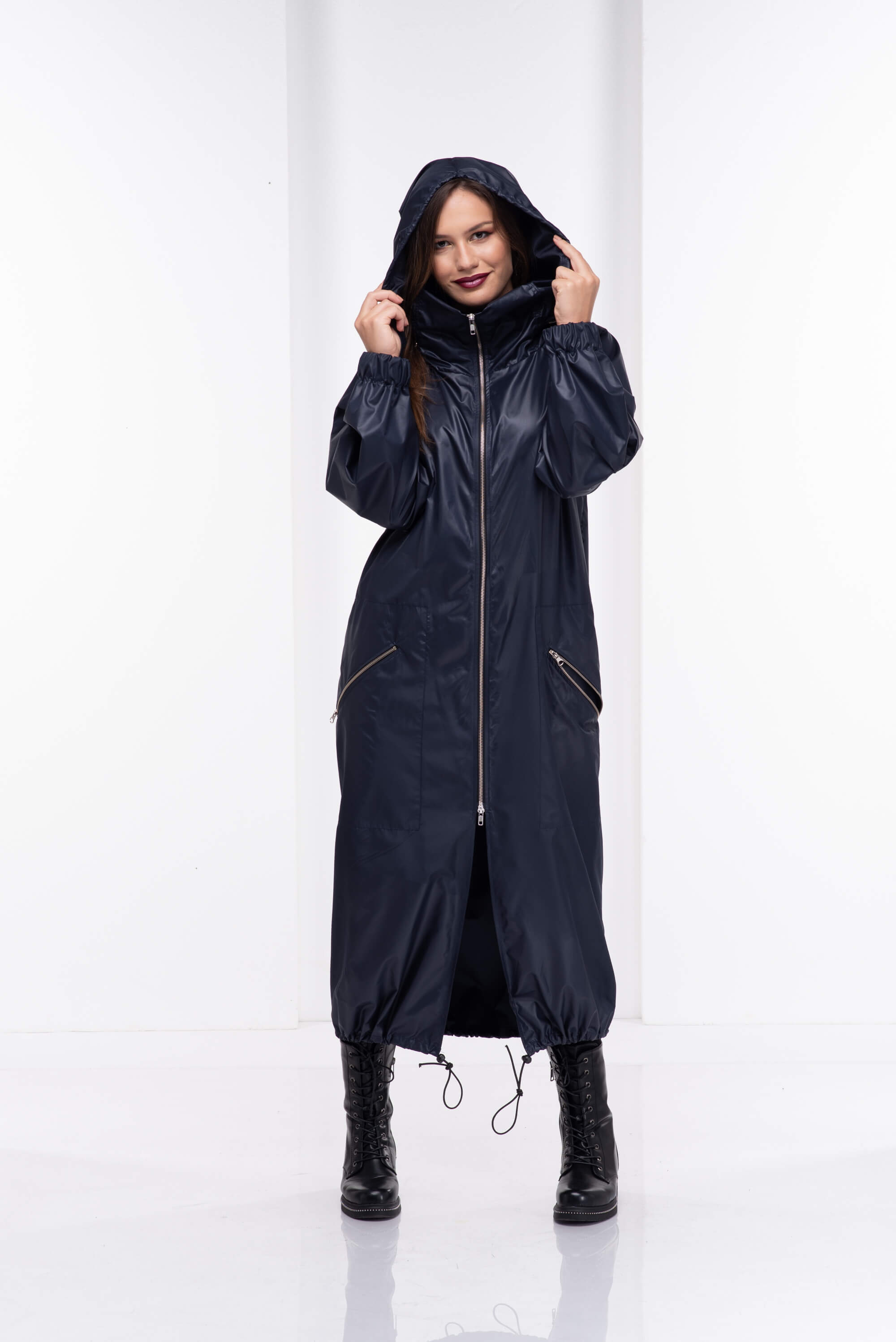 Dark Blue Hooded Long Rain Jacket