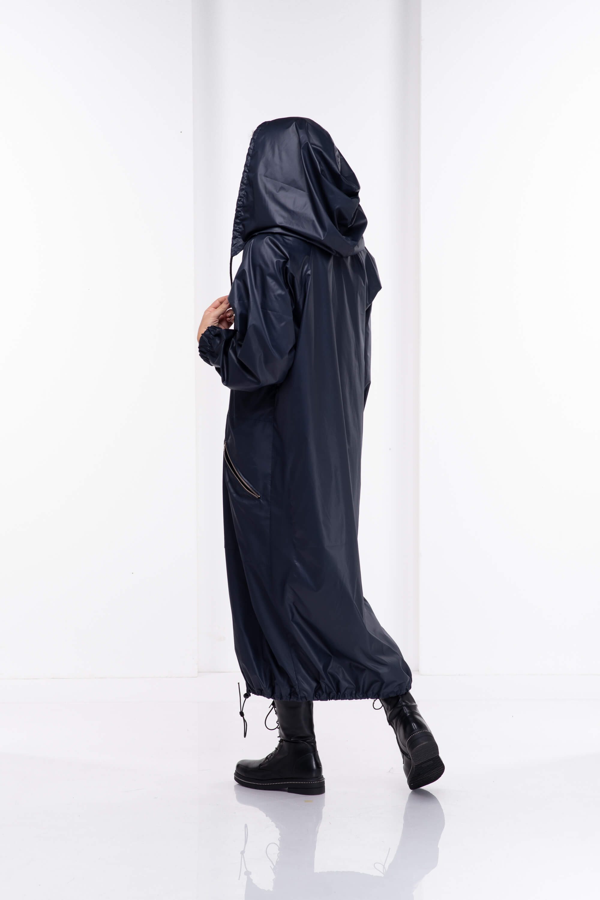 Dark Blue Hooded Long Rain Jacket