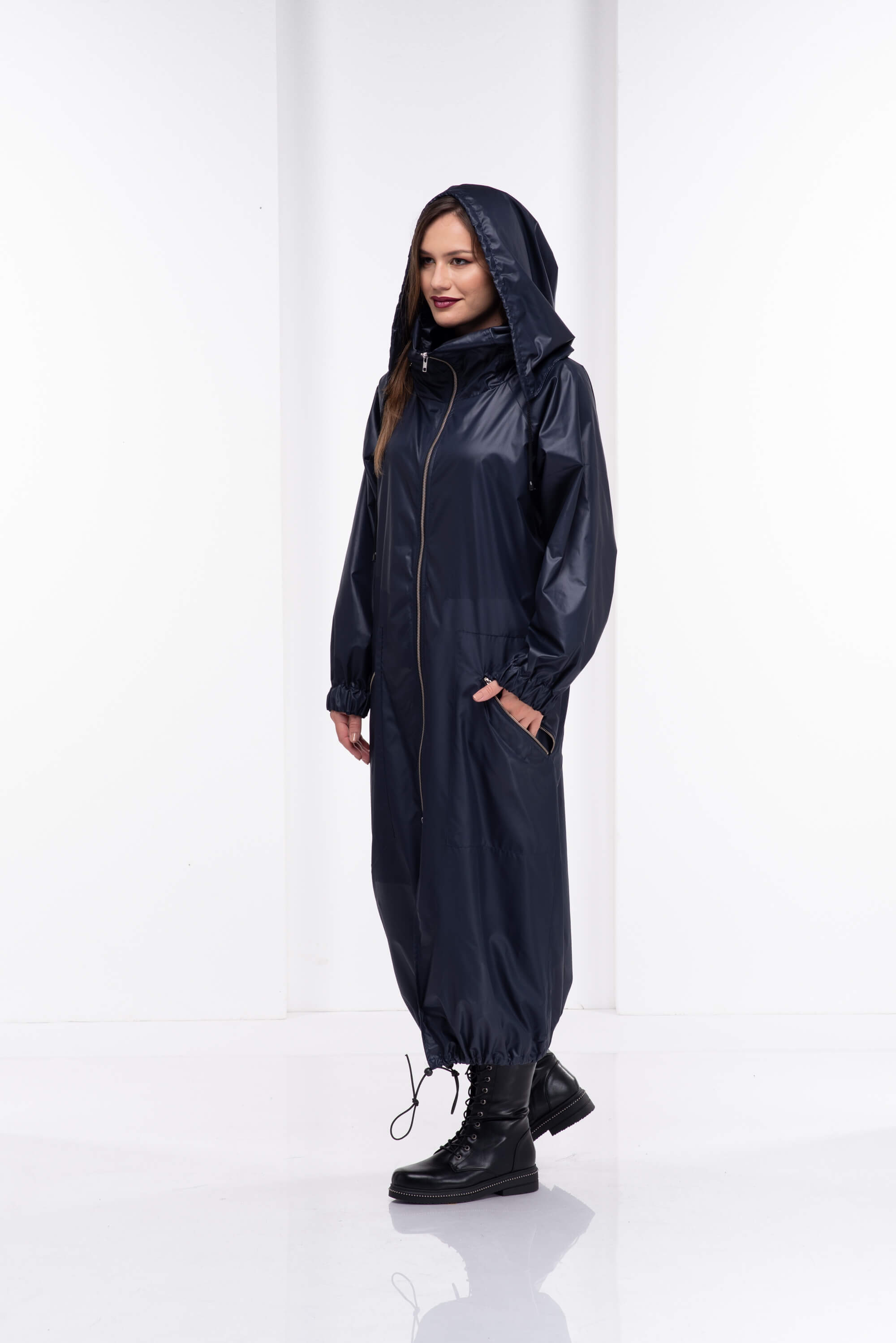 Dark Blue Hooded Long Rain Jacket