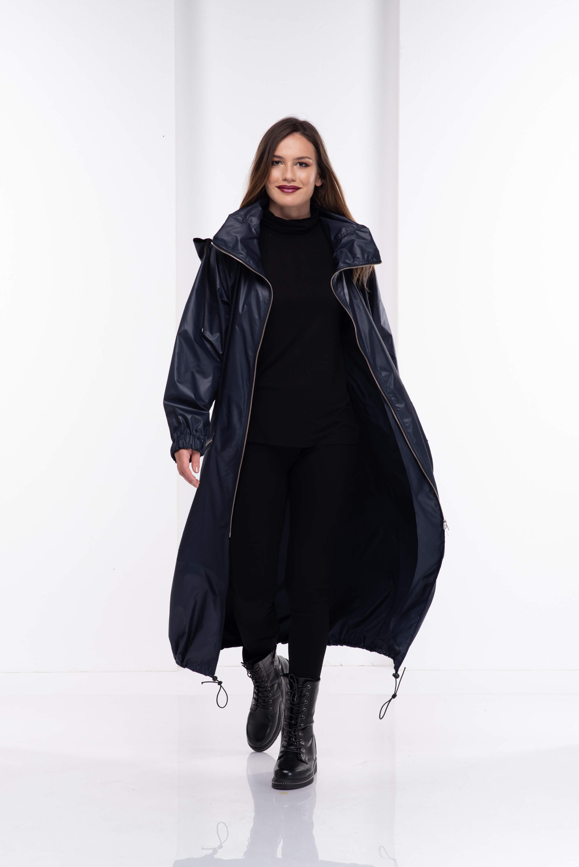 Dark Blue Hooded Long Rain Jacket