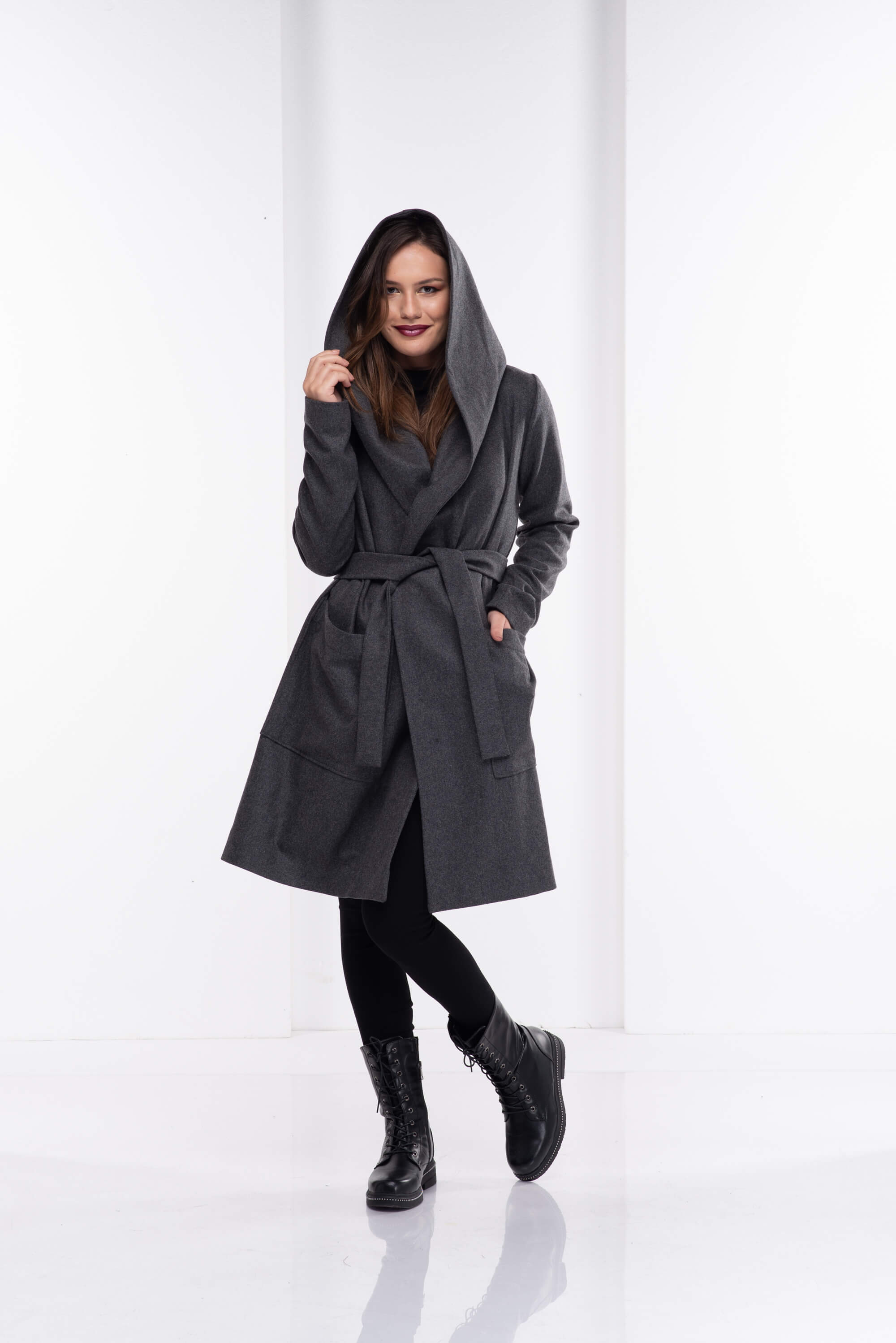 Grey Hooded Wool Coat