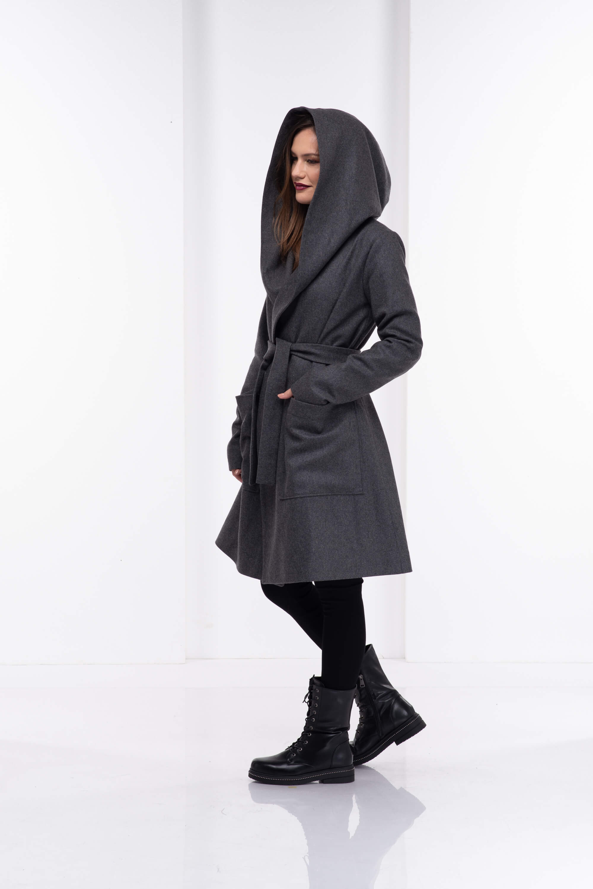 Grey Hooded Wool Coat