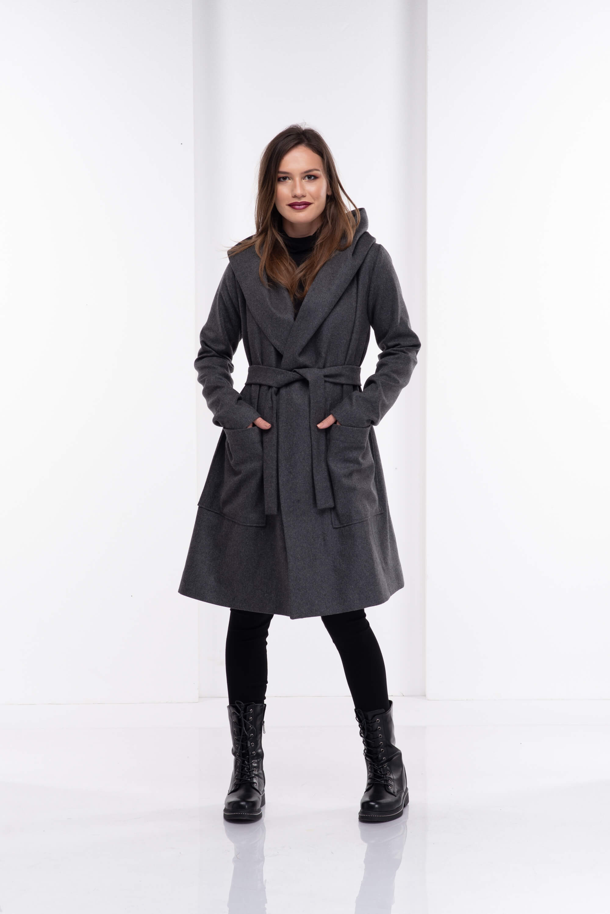 Grey Hooded Wool Coat