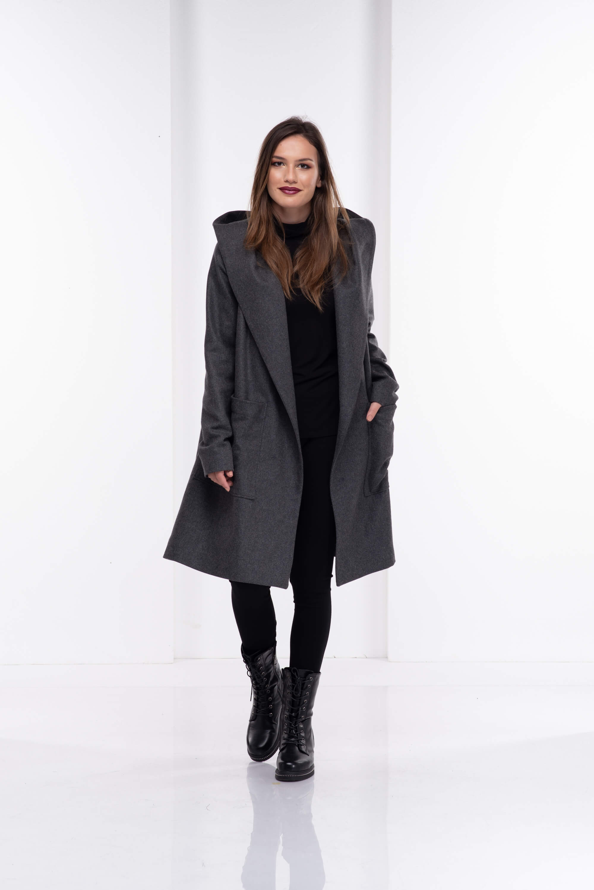 Grey Hooded Wool Coat