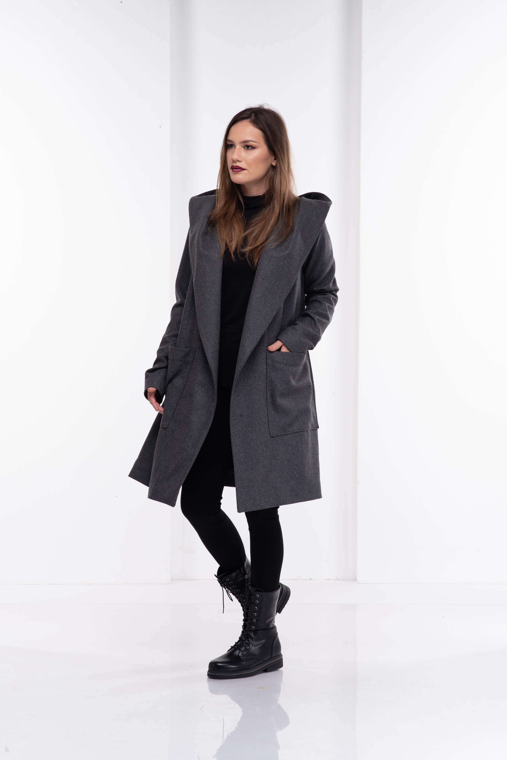 Grey Hooded Wool Coat