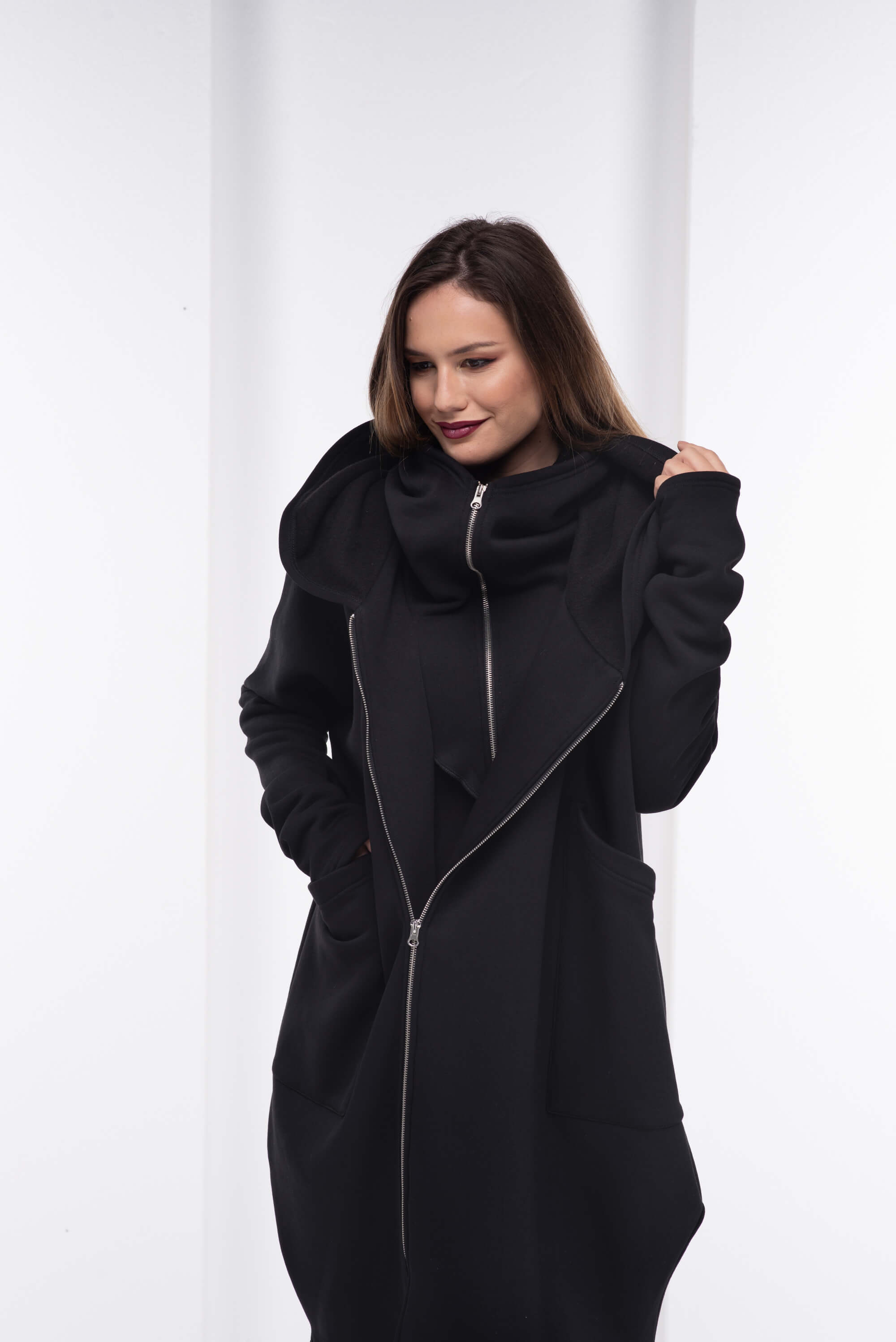 Black Zipper Hooded Jacket