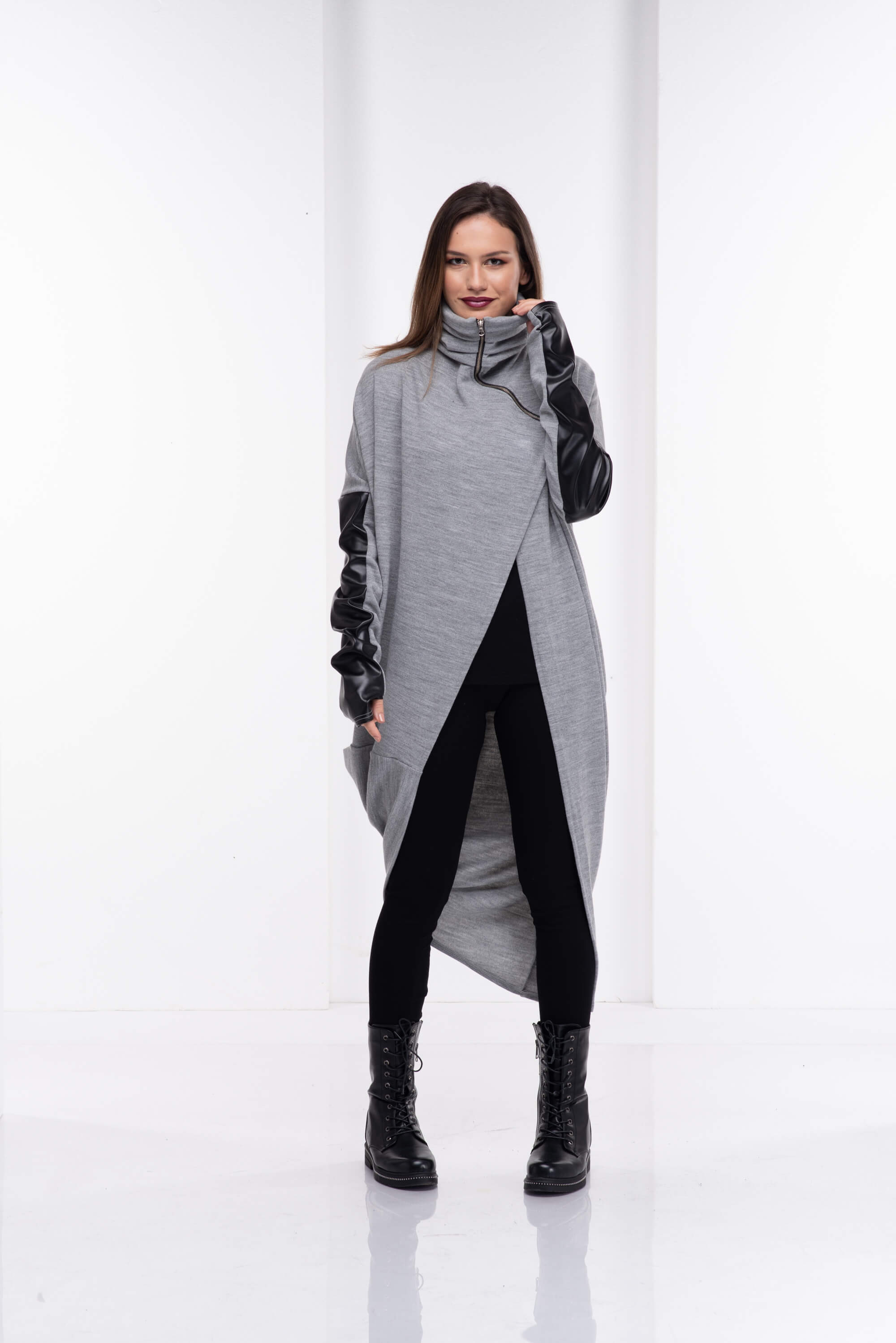 Light Grey Asymmetrical Wool Leather Cardigan