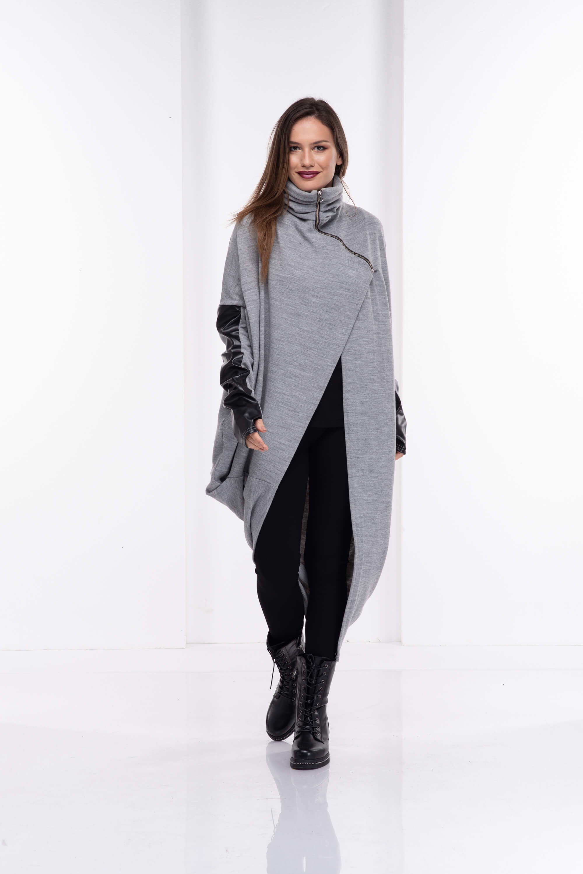 Light Grey Asymmetrical Wool Leather Cardigan