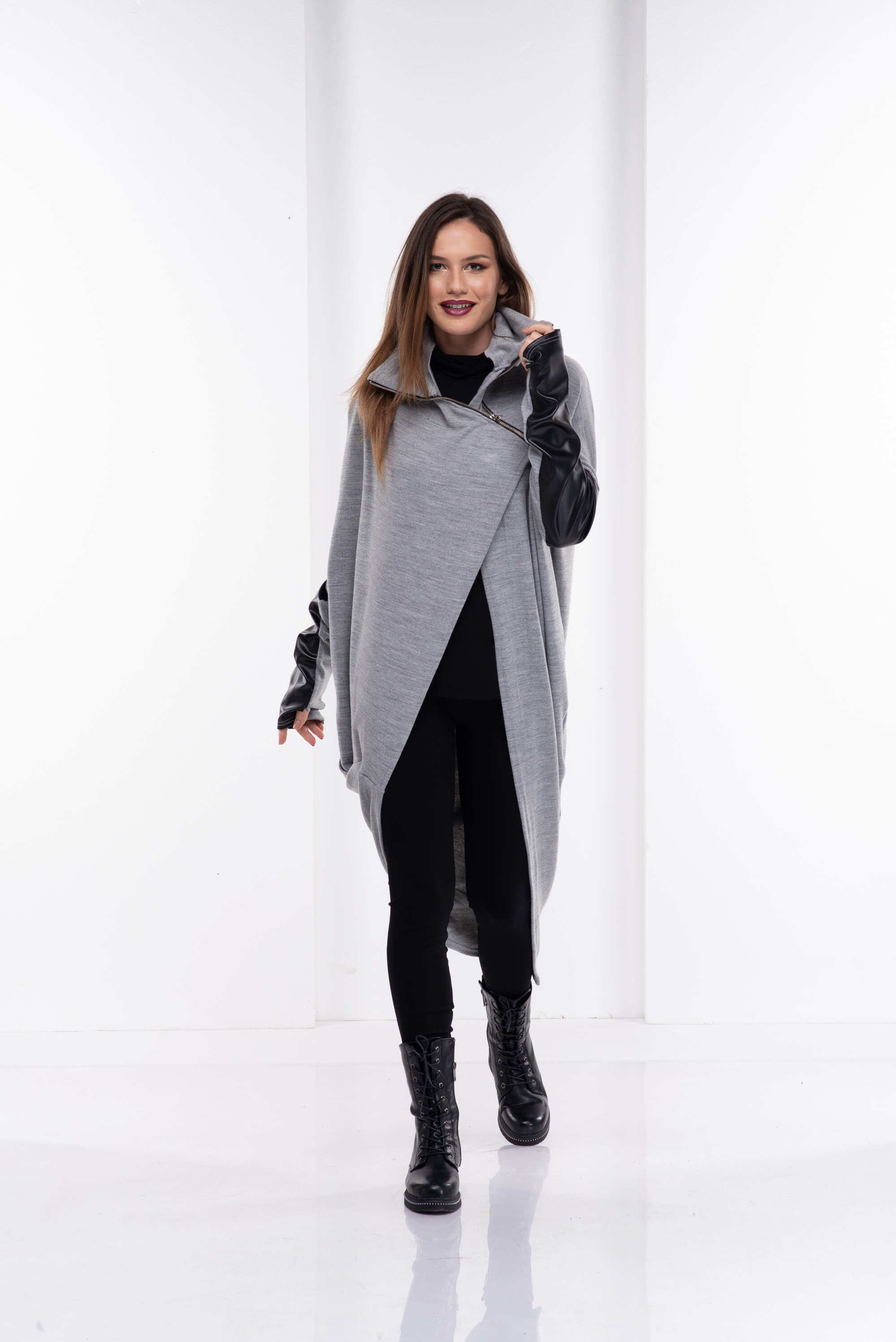 Light Grey Asymmetrical Wool Leather Cardigan