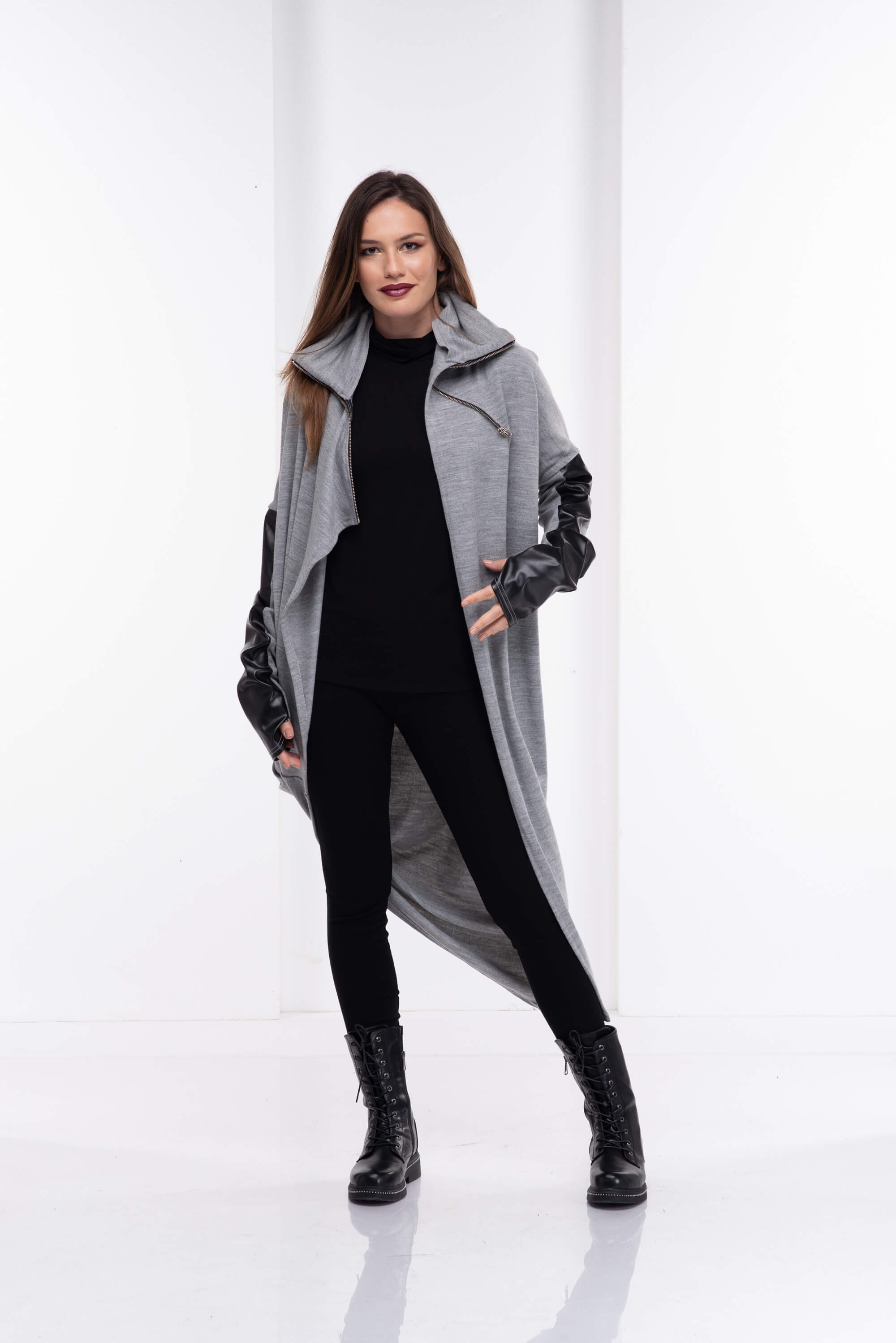 Light Grey Asymmetrical Wool Leather Cardigan