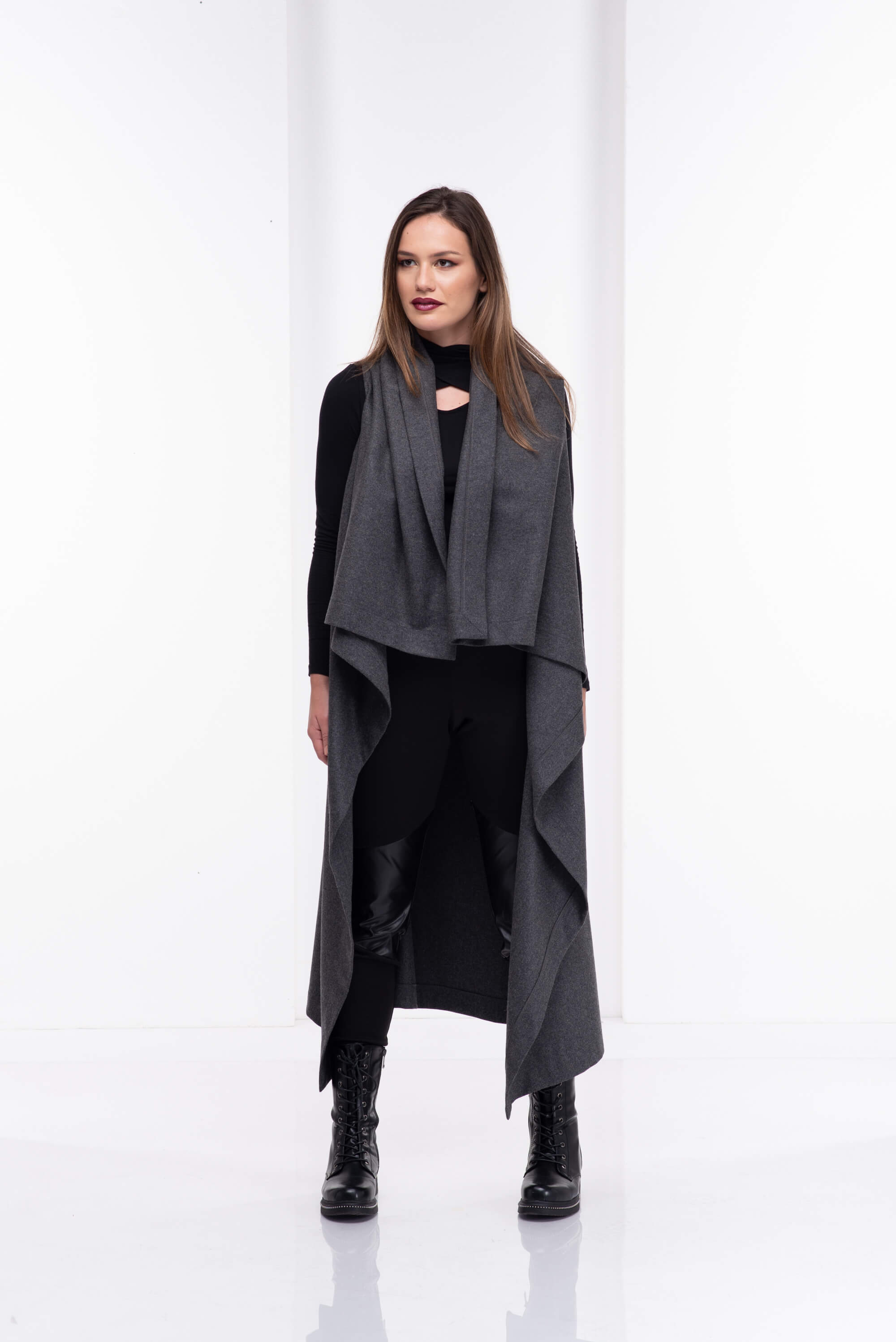 Grey Wool Asymmetrical Sleeveless Coat