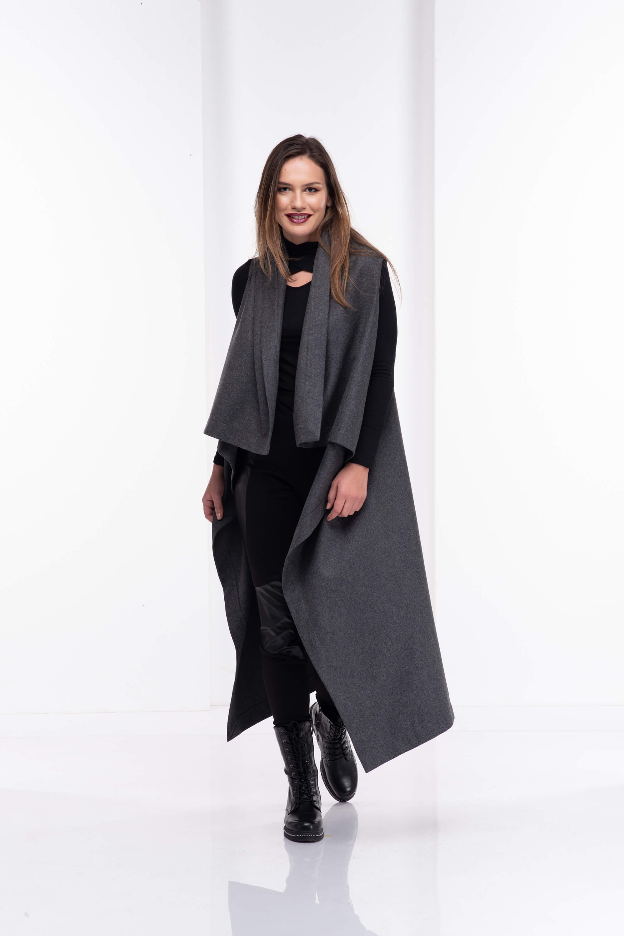 Grey Wool Asymmetrical Sleeveless Coat