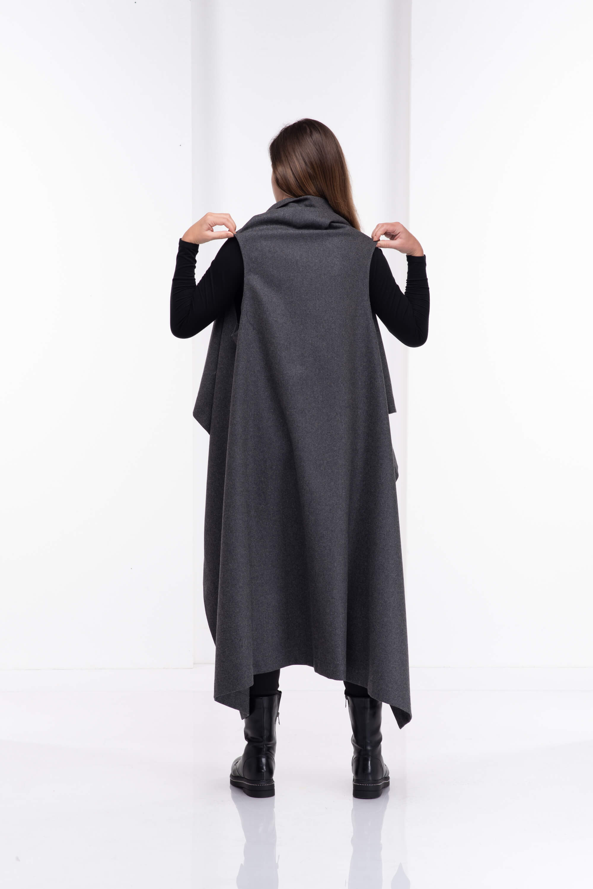 Grey Wool Asymmetrical Sleeveless Coat