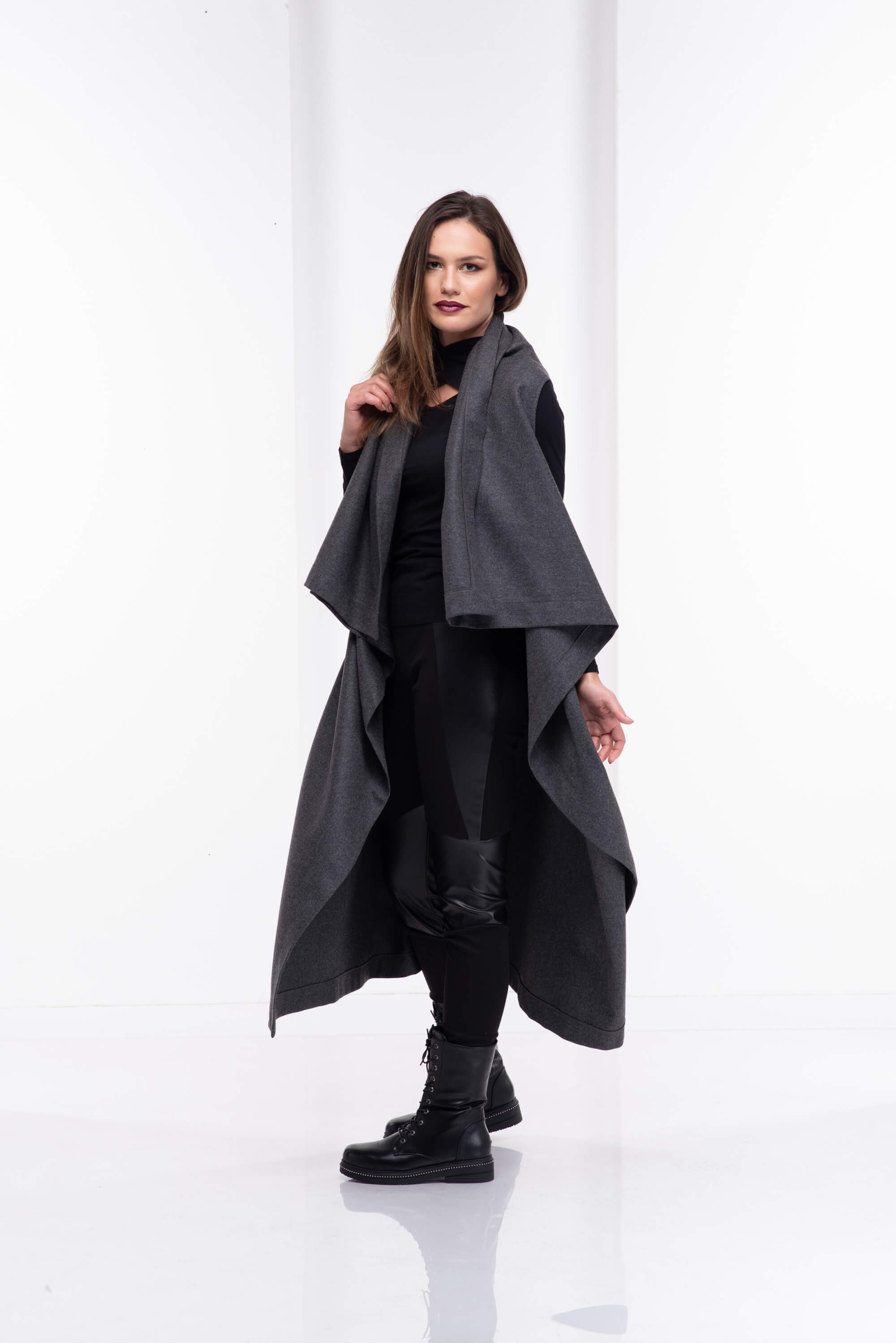 Grey Wool Asymmetrical Sleeveless Coat