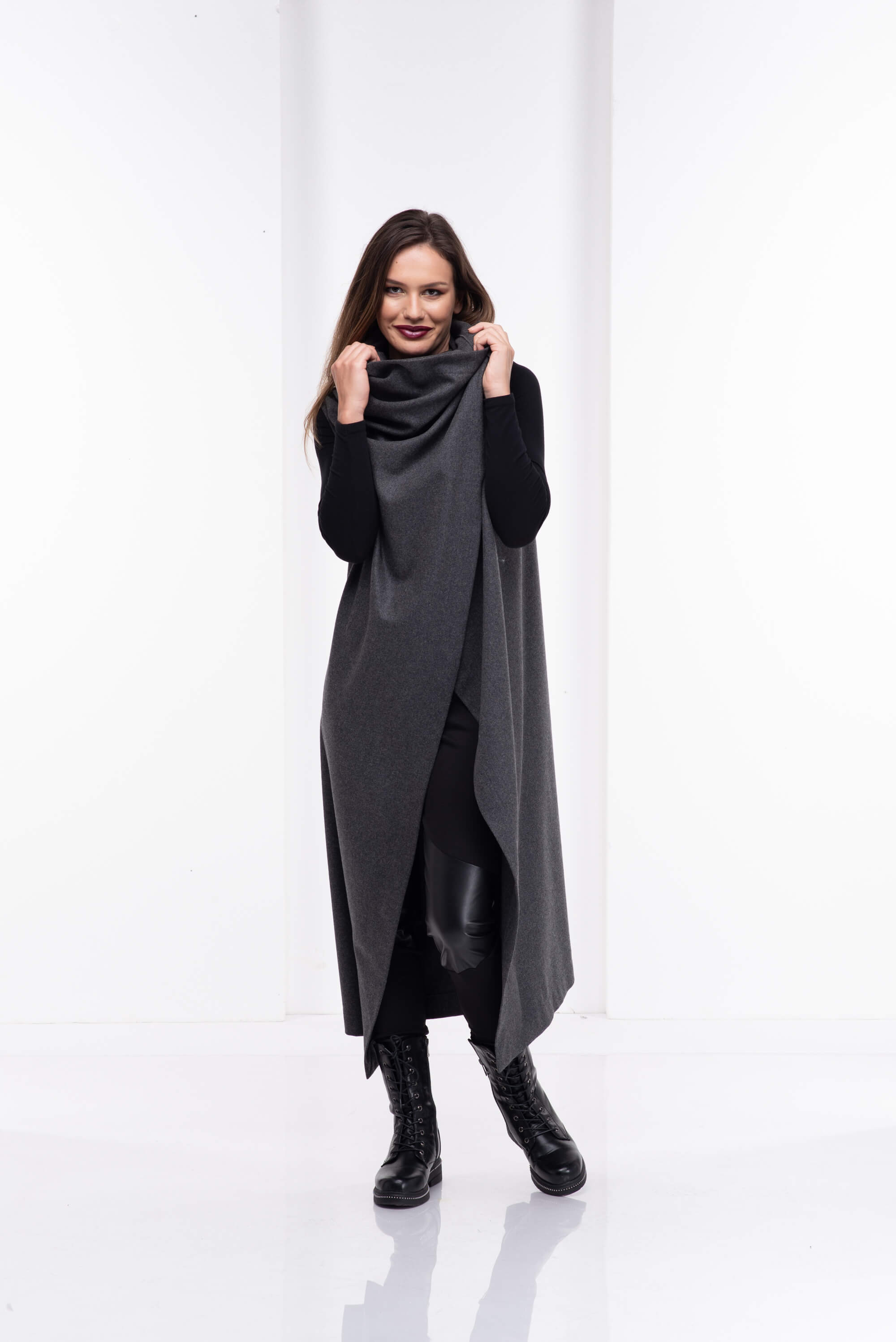 Grey Wool Asymmetrical Sleeveless Coat