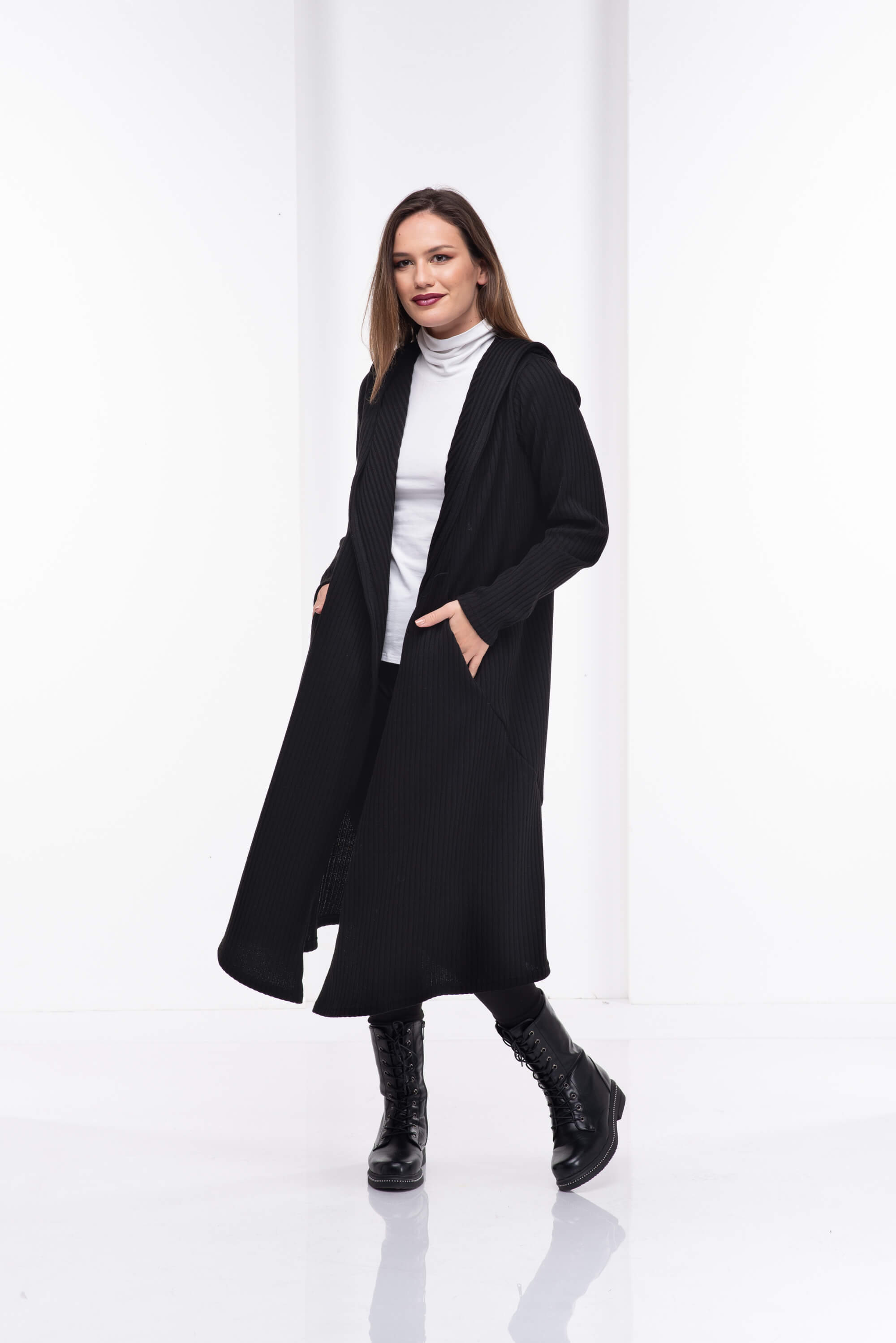 Black Long Wool Hooded Cardigan