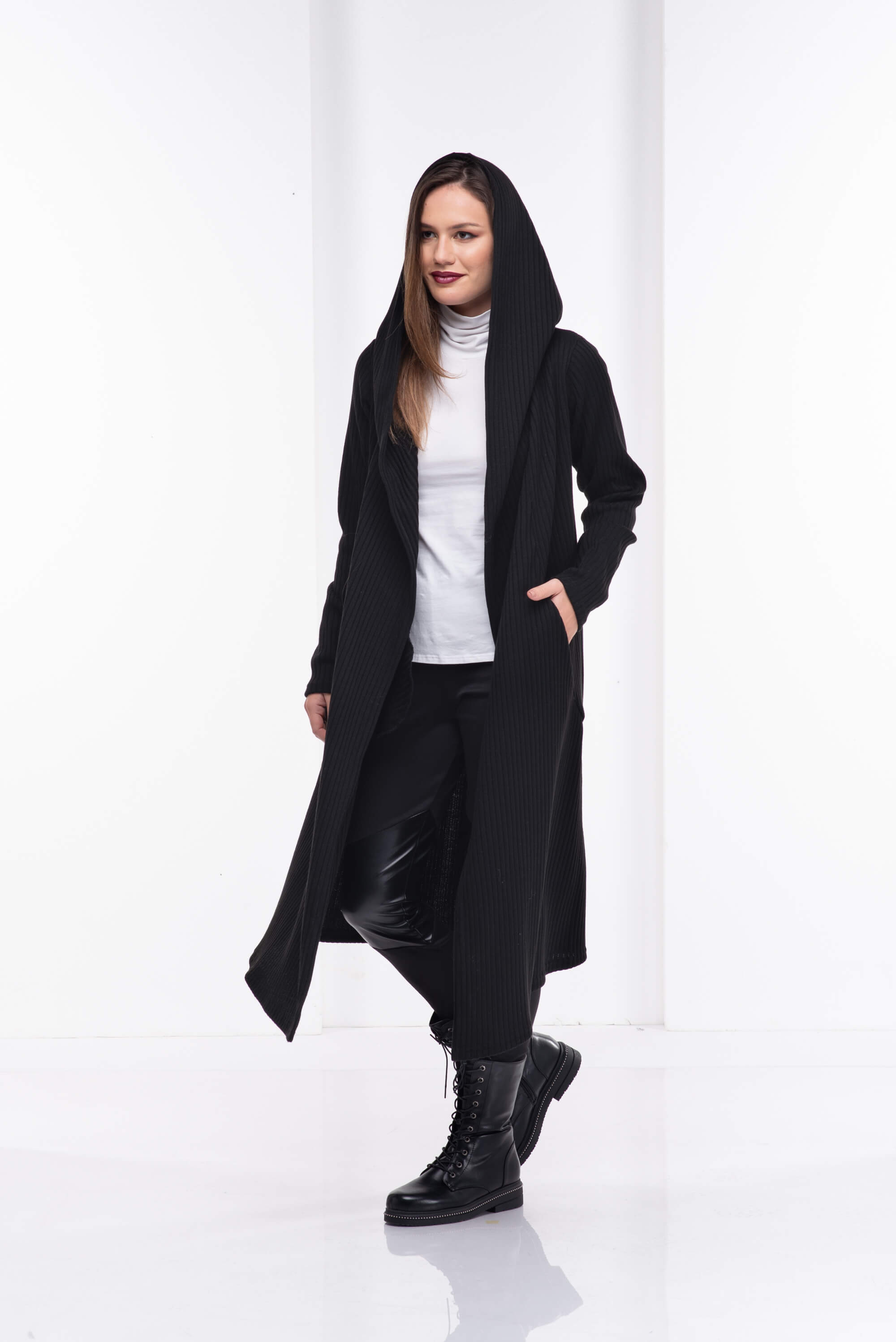 Black Long Wool Hooded Cardigan