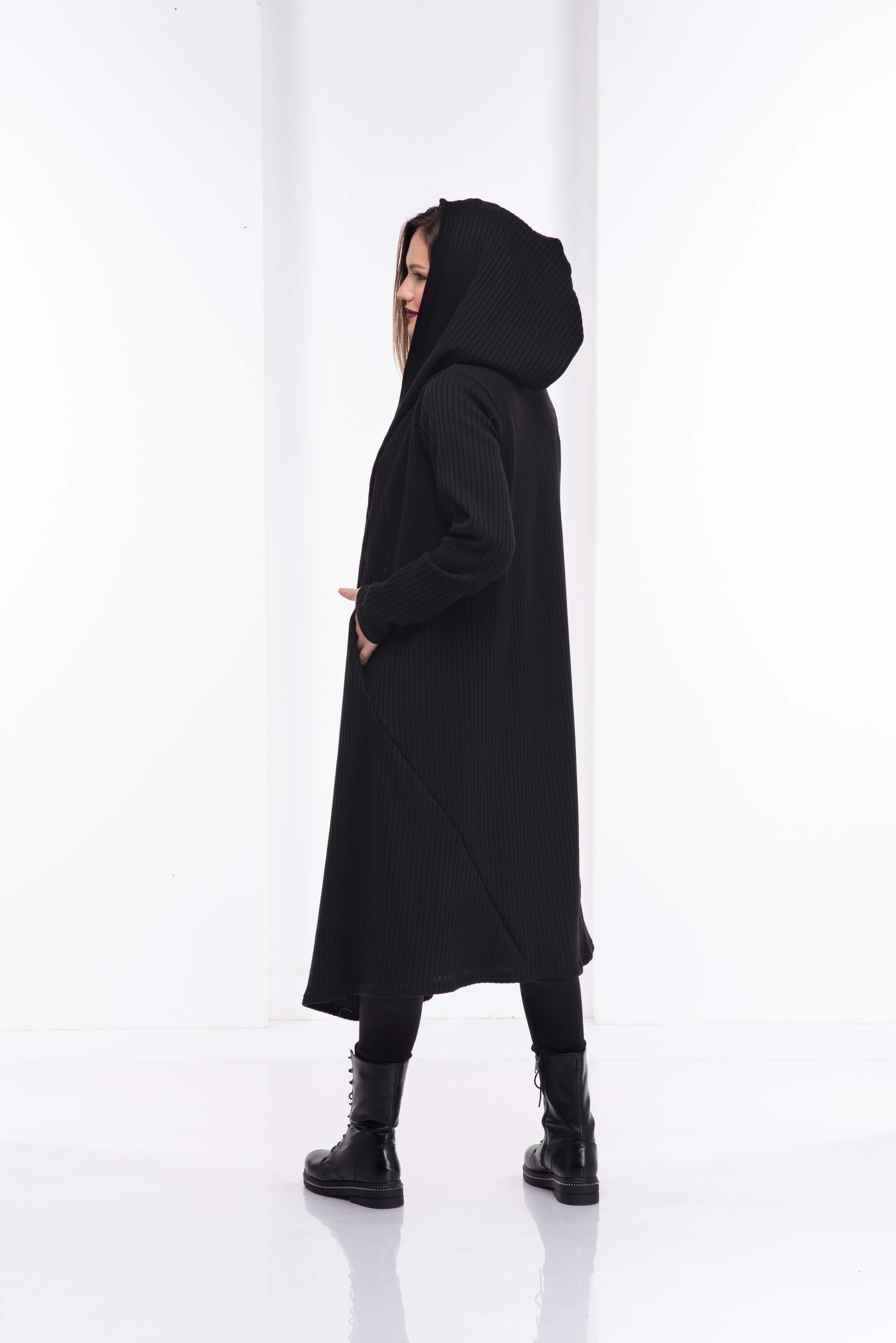 Black Long Wool Hooded Cardigan