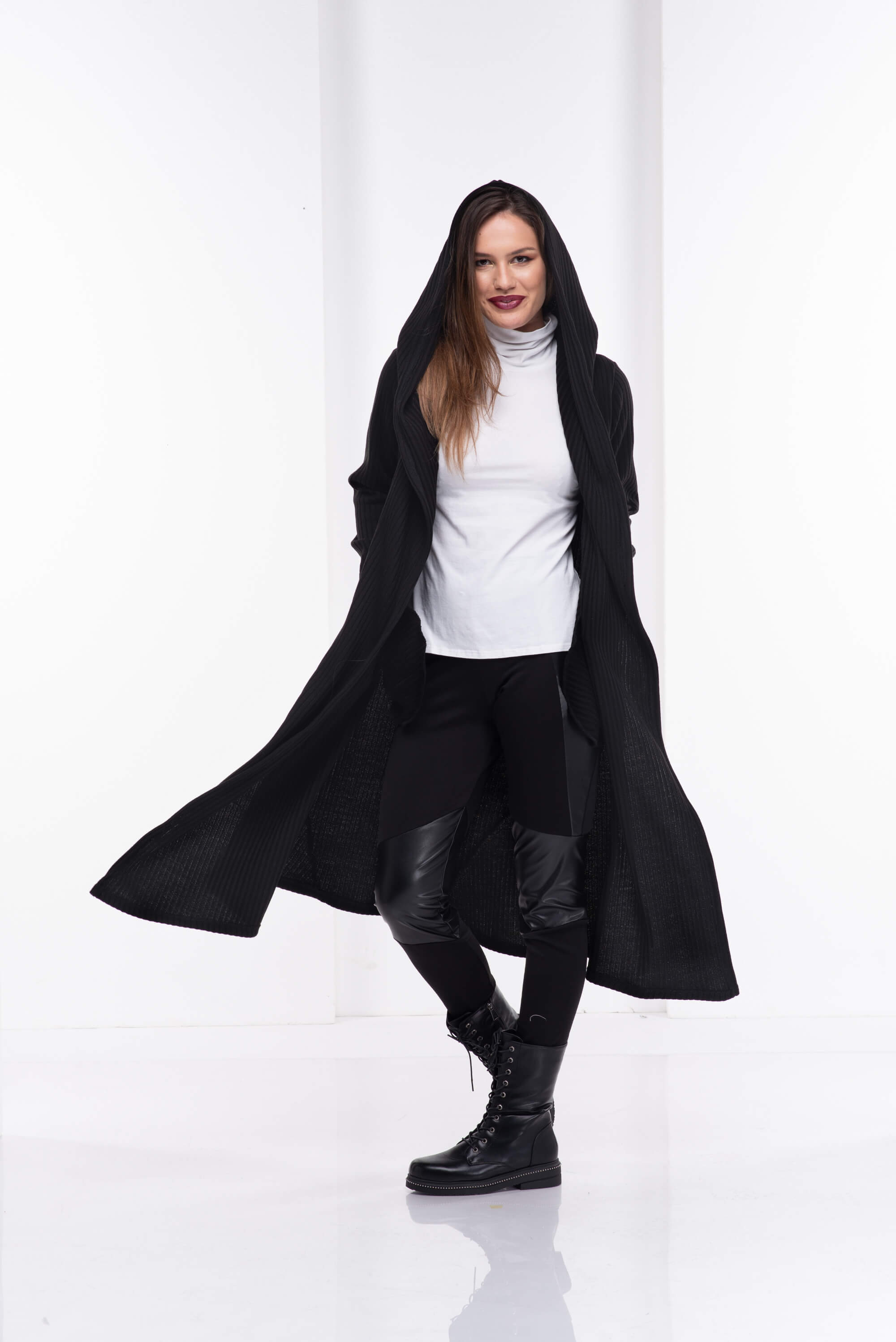 Black Long Wool Hooded Cardigan