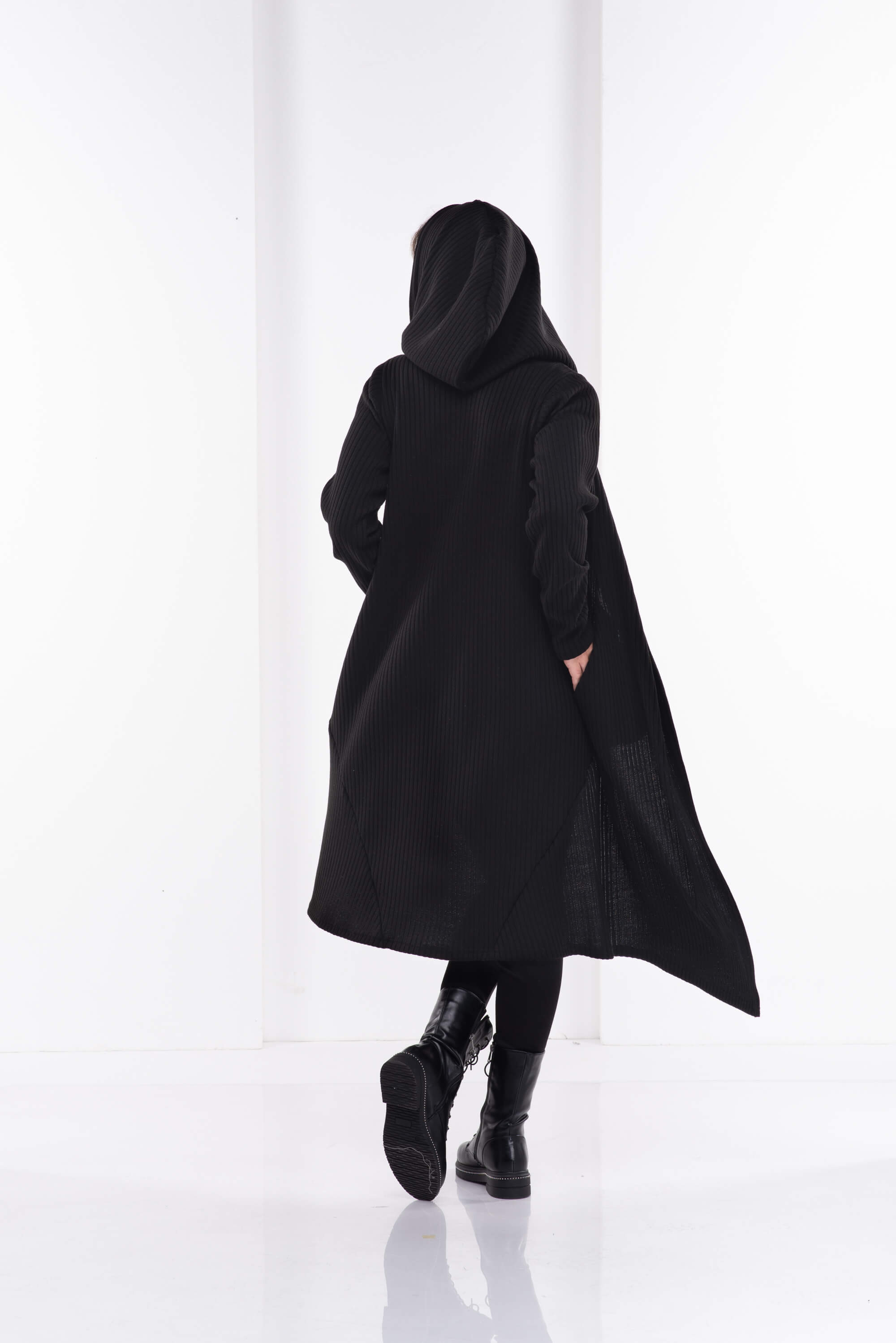 Black Long Wool Hooded Cardigan