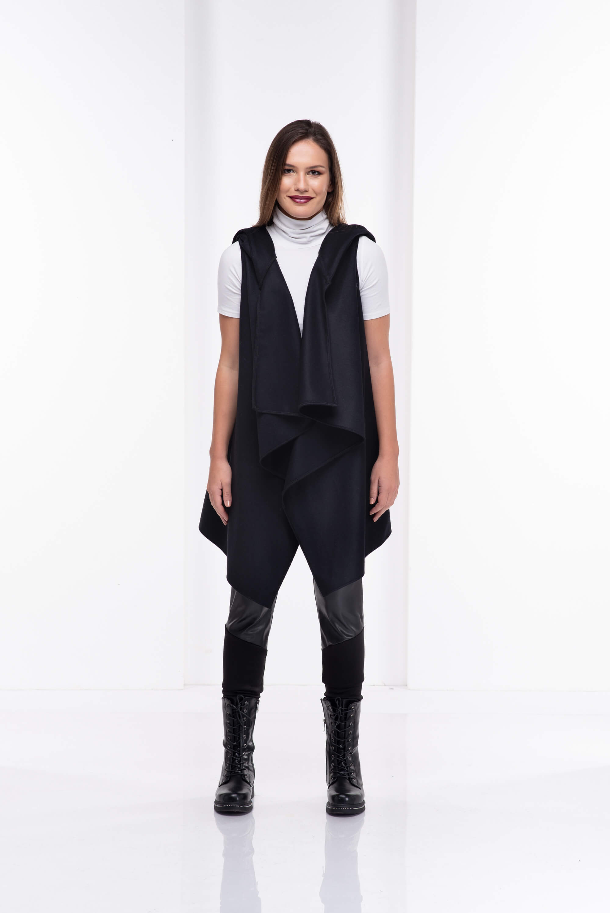 Black Asymmetrcial Hooded Wool Vest