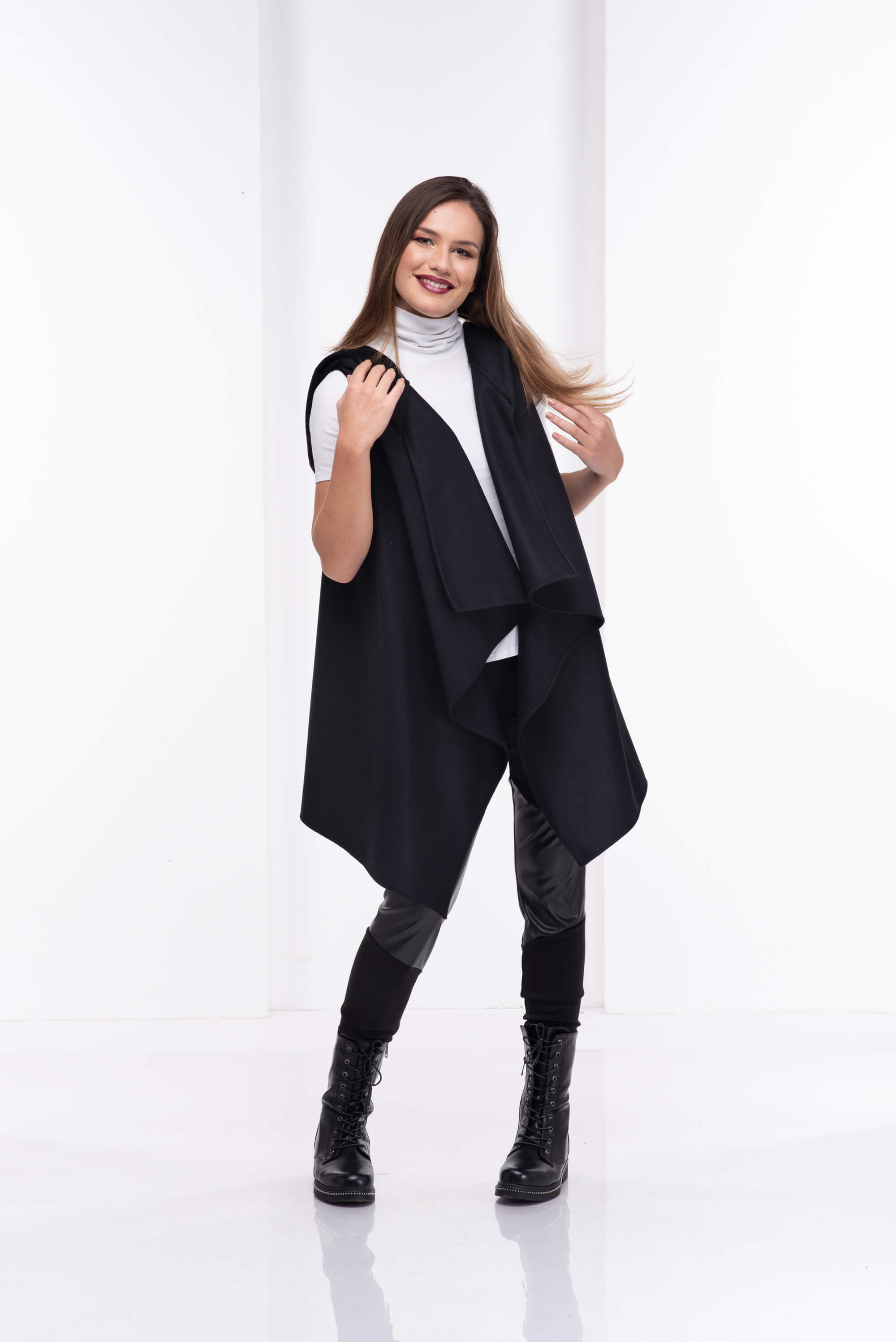 Black Asymmetrcial Hooded Wool Vest