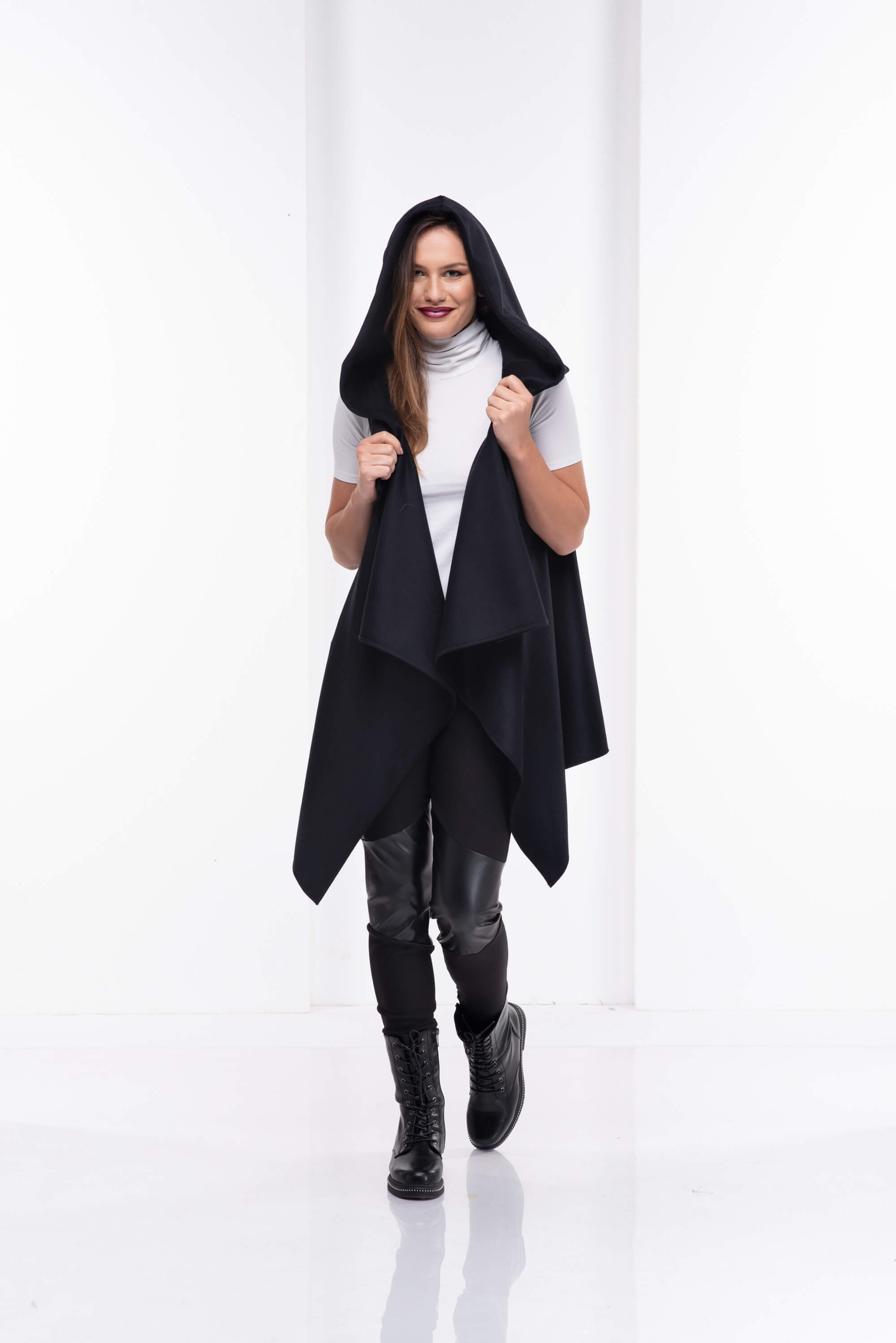 Black Asymmetrcial Hooded Wool Vest