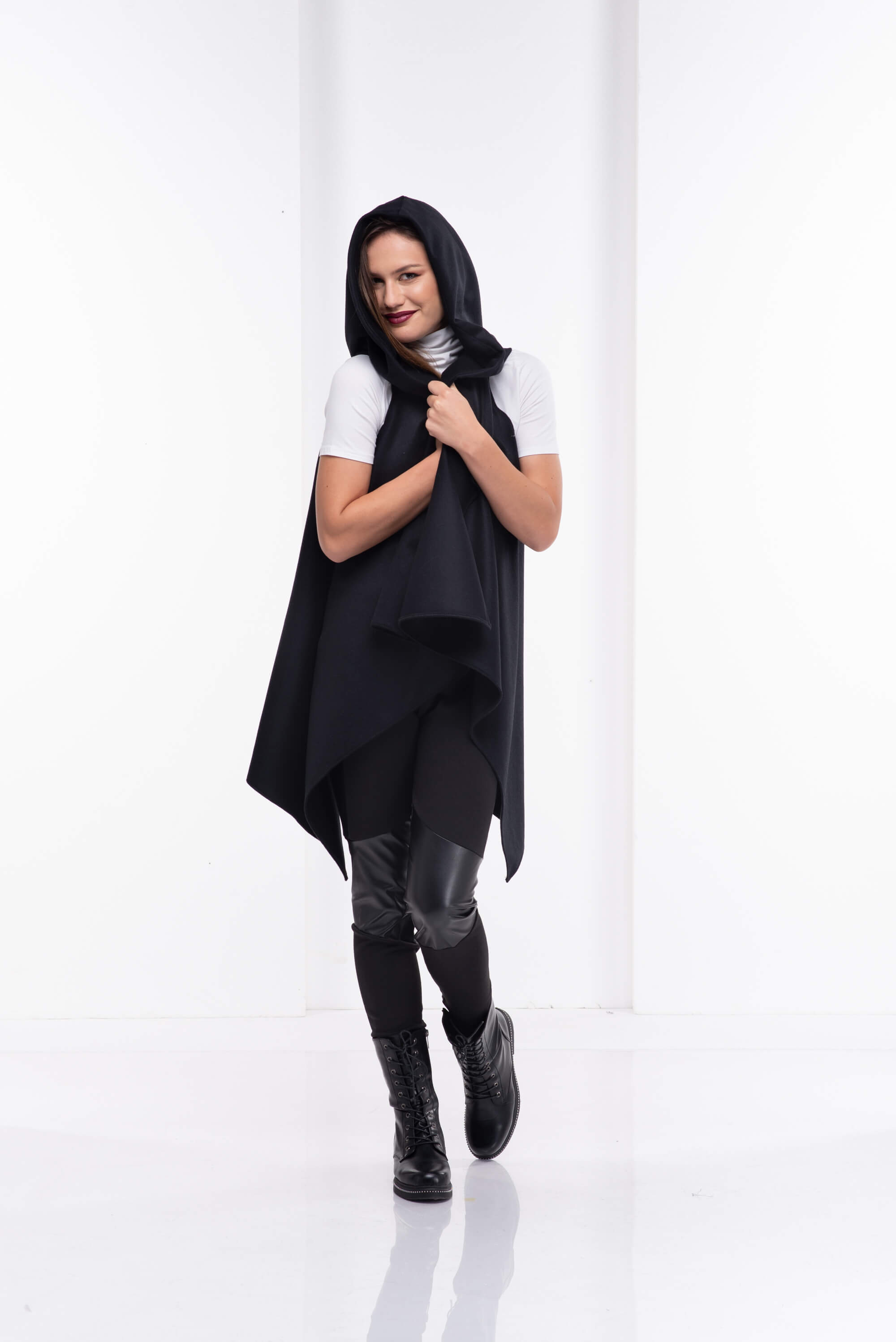 Black Asymmetrcial Hooded Wool Vest