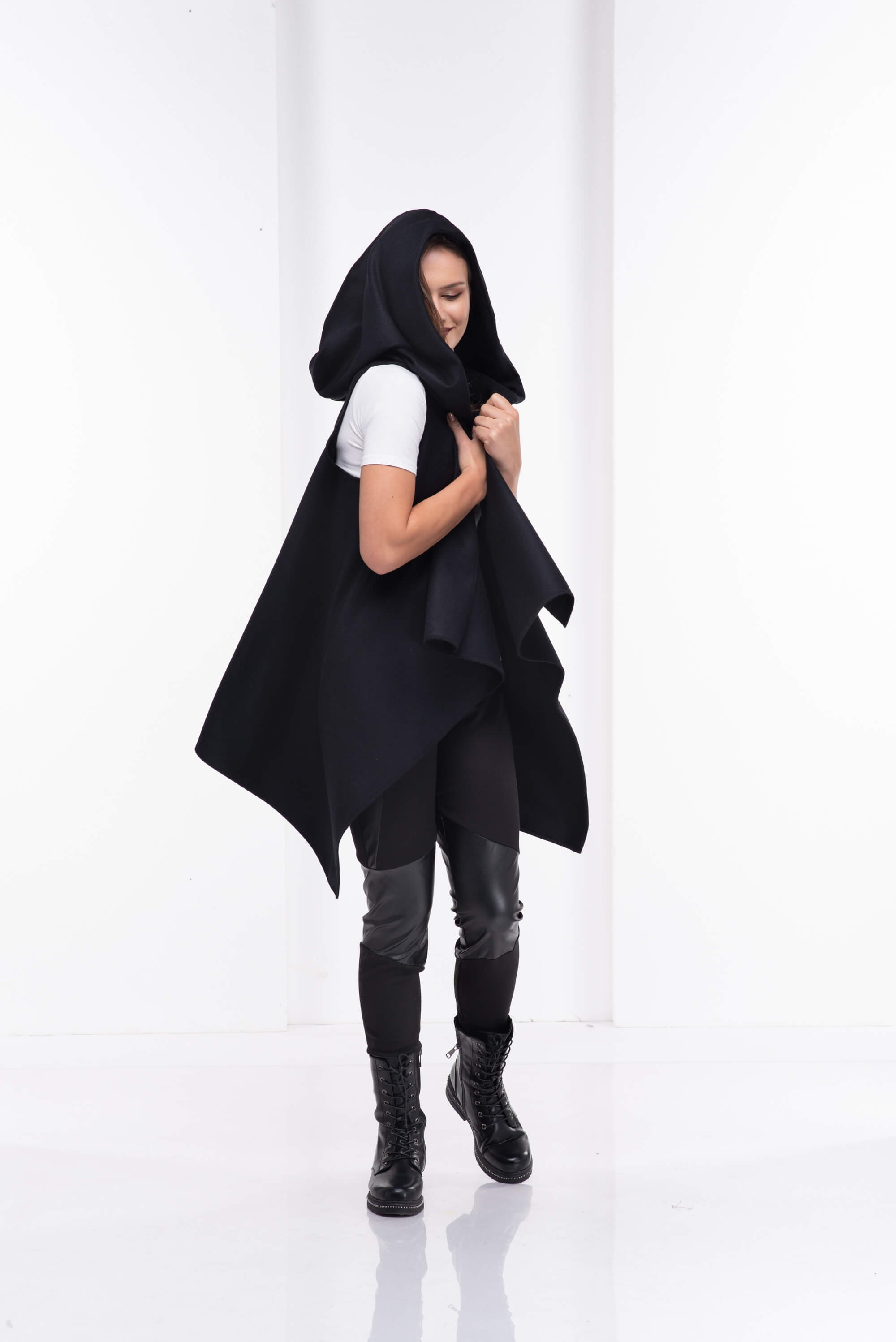 Black Asymmetrcial Hooded Wool Vest