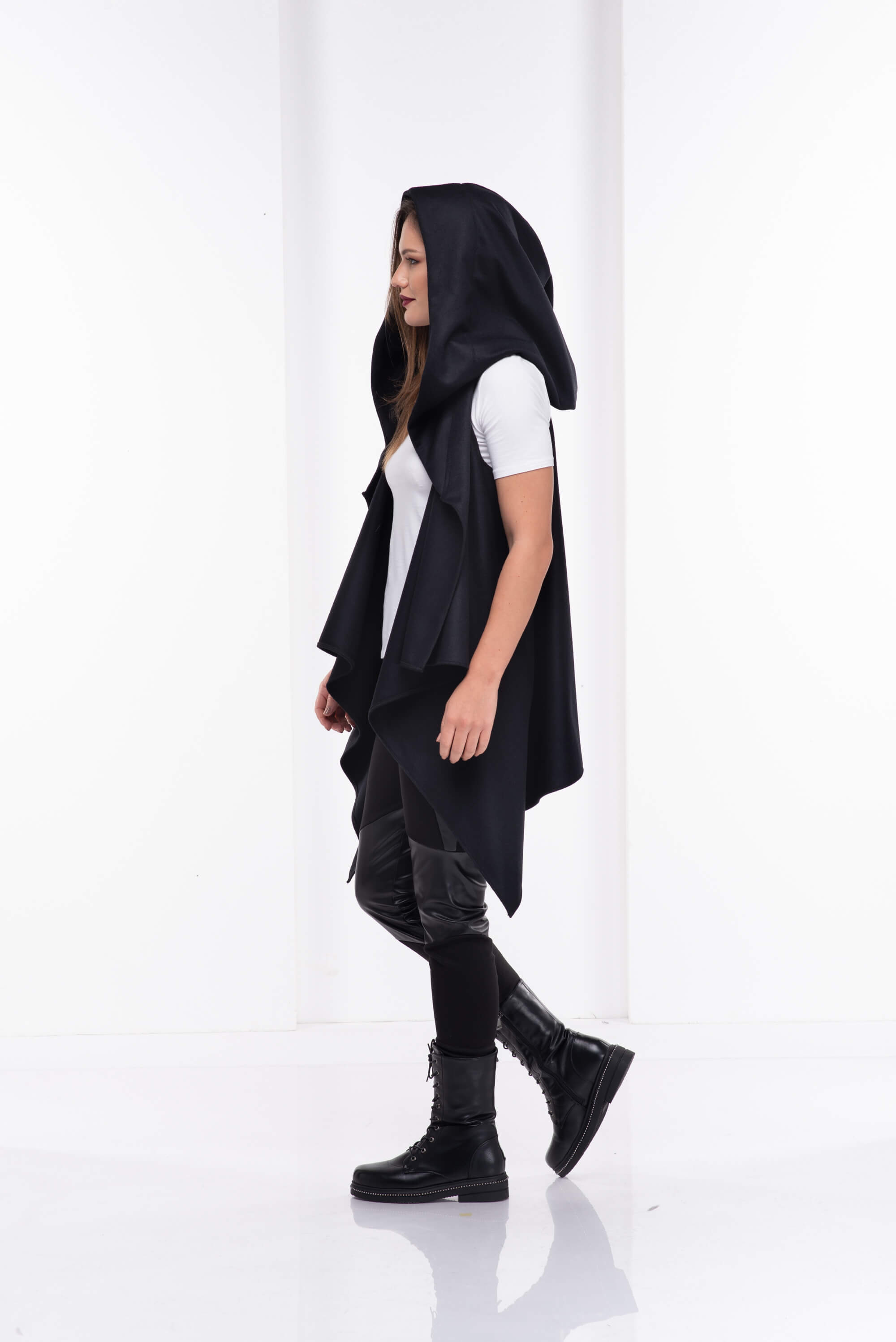 Black Asymmetrcial Hooded Wool Vest