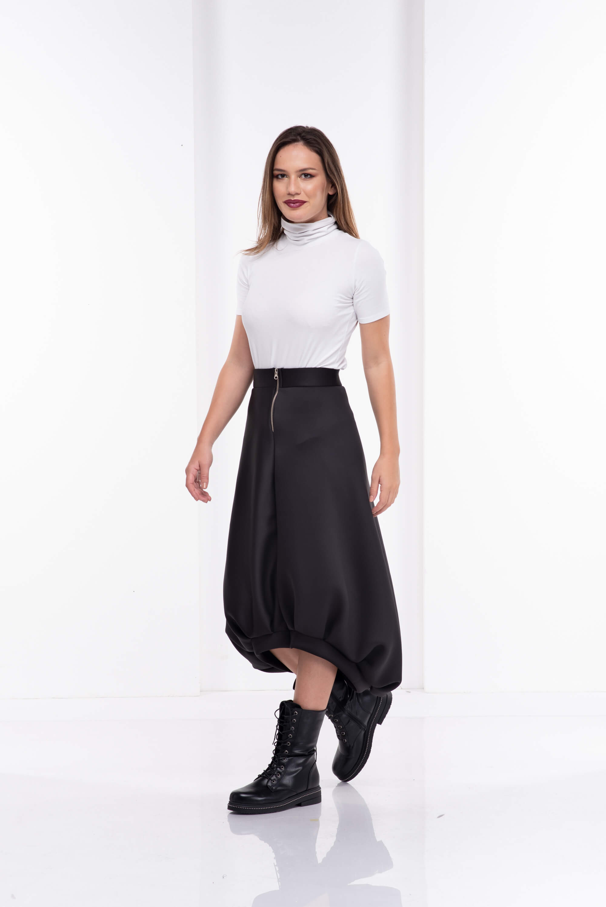 Black Asymmetrical Neoprene Midi Skirt