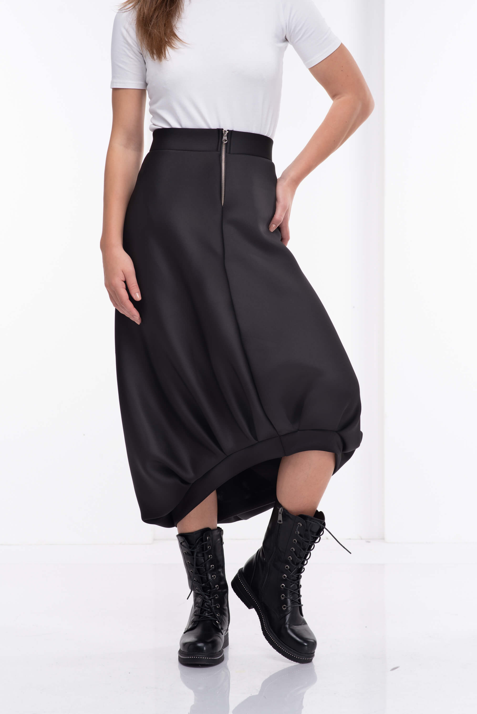 Black Asymmetrical Neoprene Midi Skirt