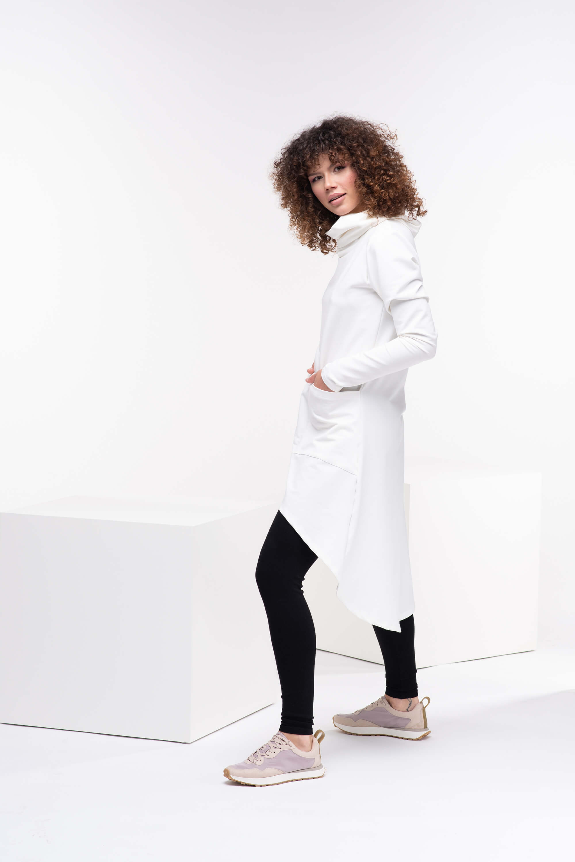 White Long Asymmetrical Turtleneck Tunic