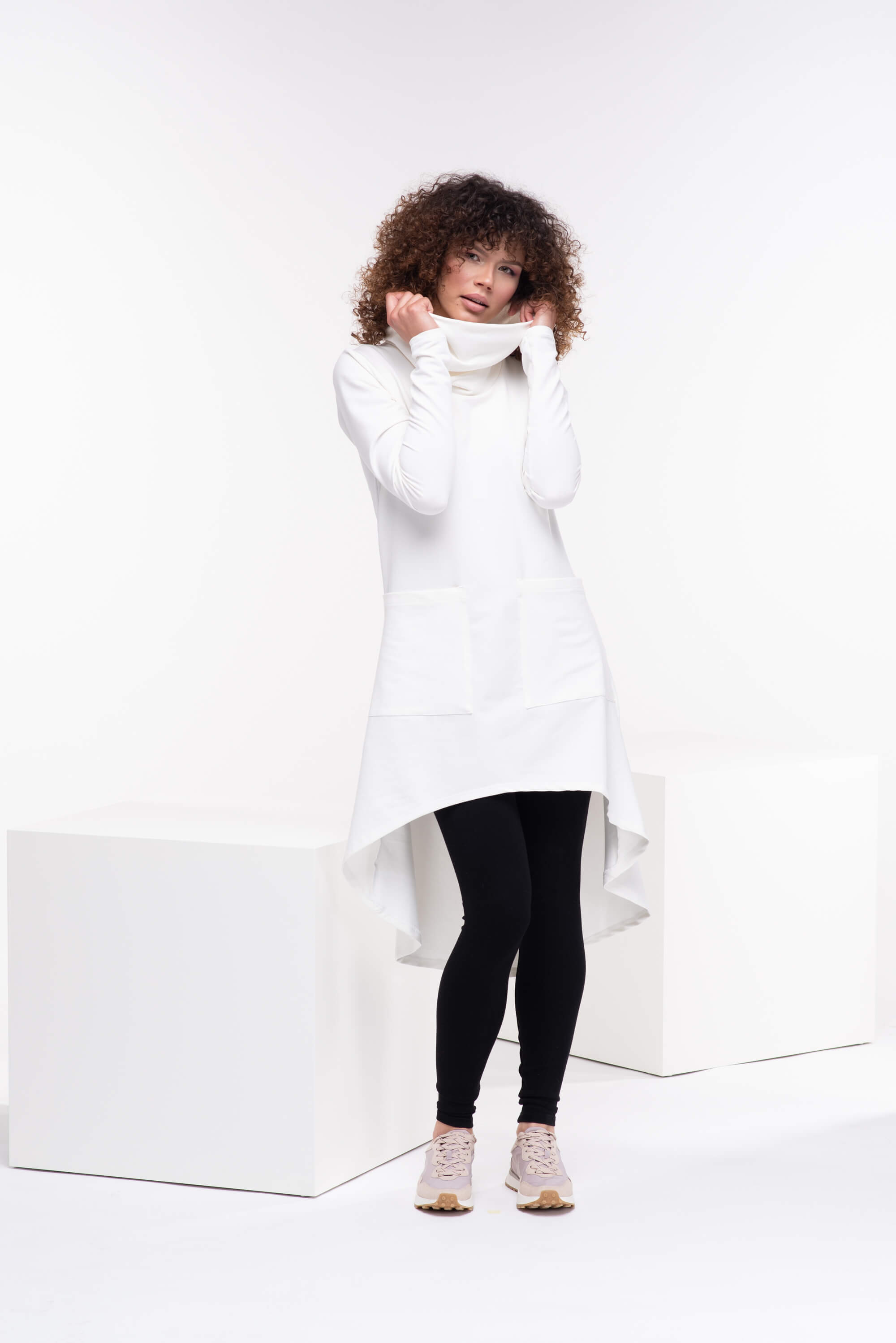 White Long Asymmetrical Turtleneck Tunic