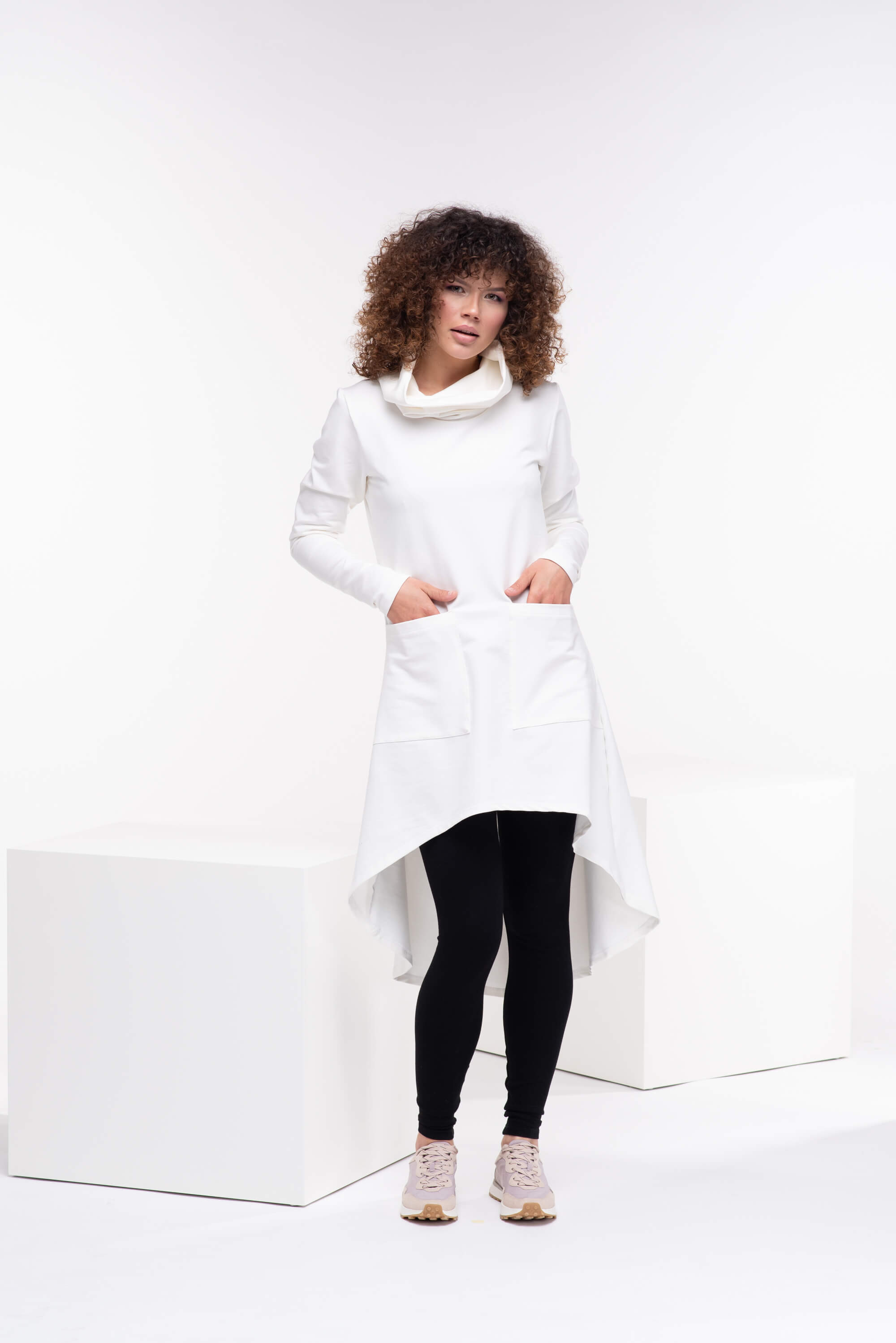 White Long Asymmetrical Turtleneck Tunic