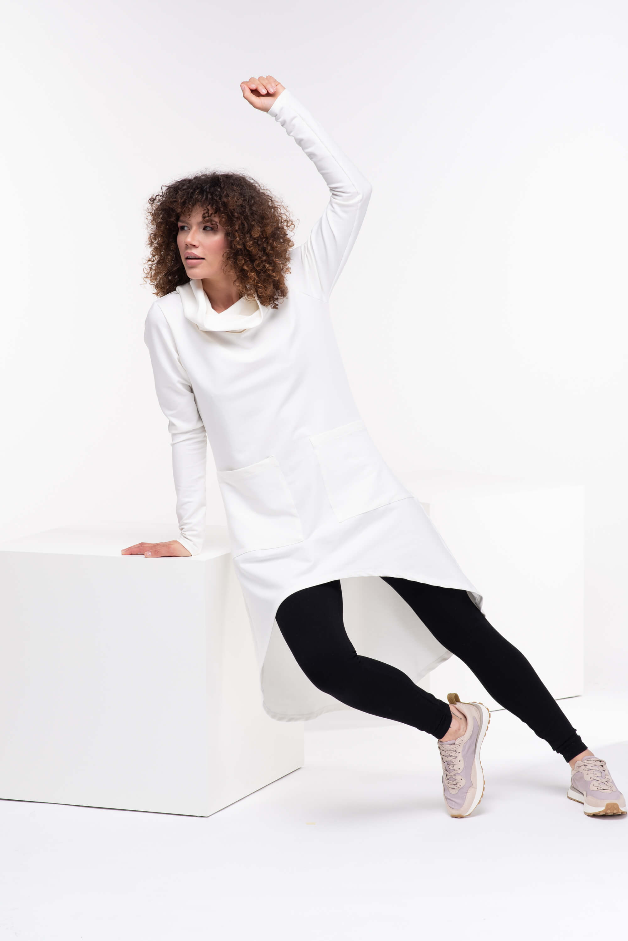 White Long Asymmetrical Turtleneck Tunic