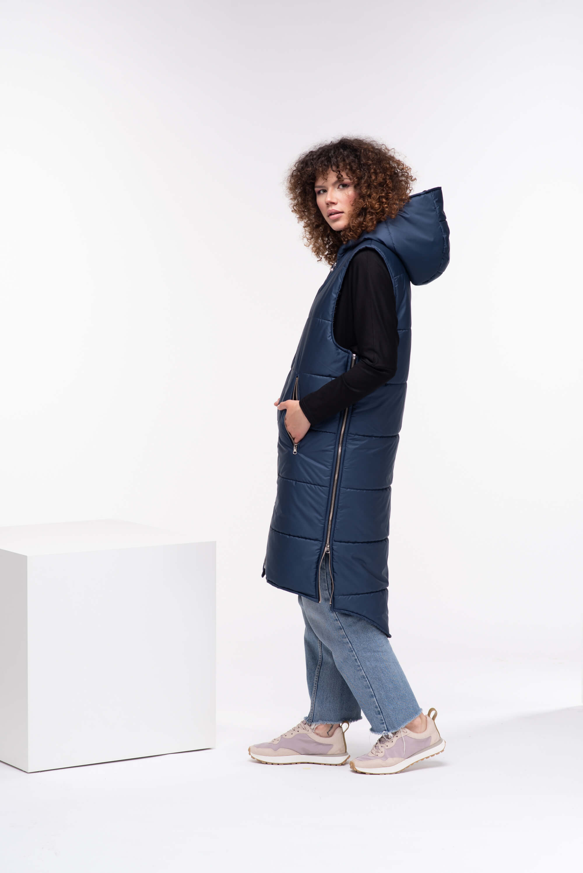 Dark Blue Quilted Puffer Hooded Vest