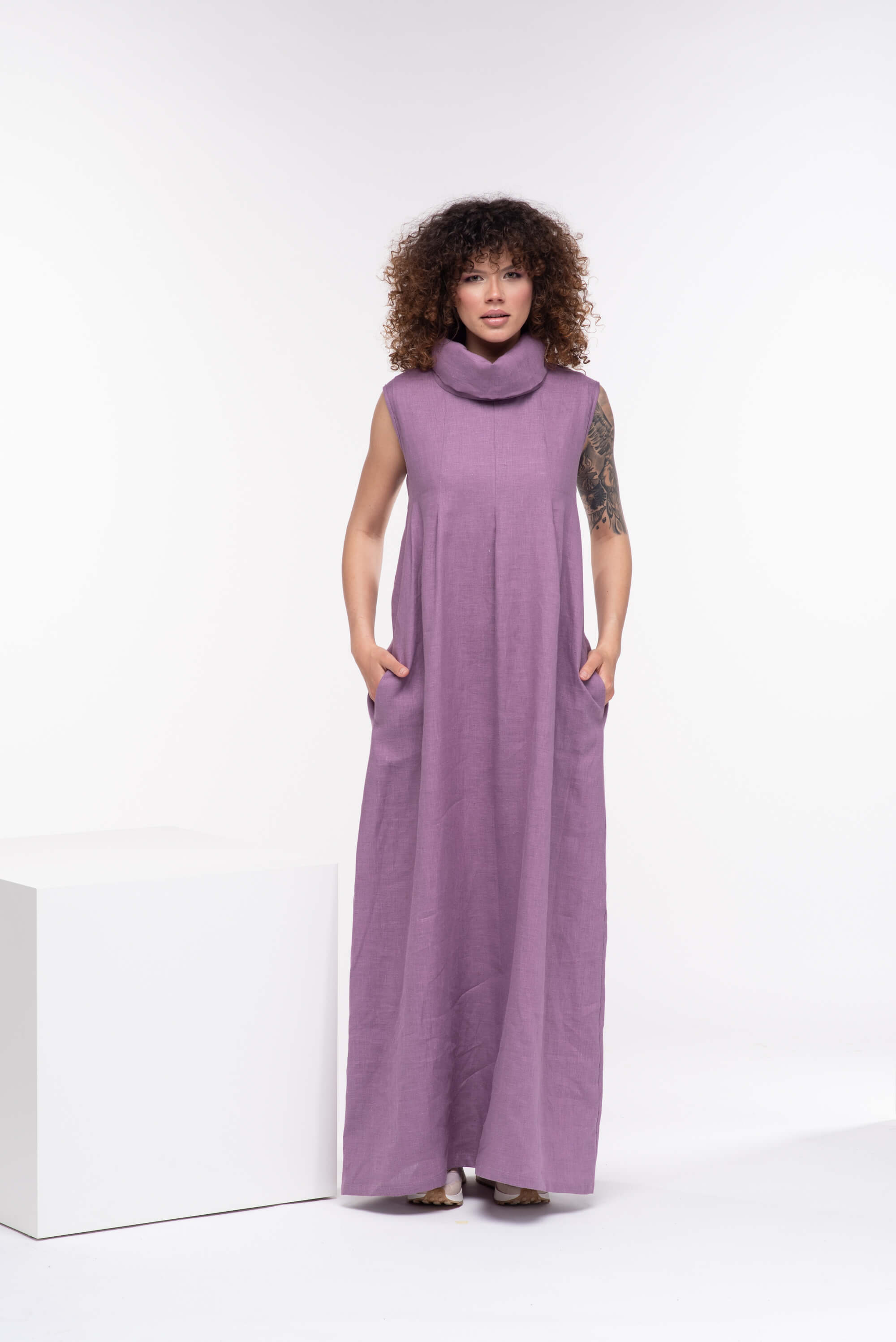 Lavender Turtleneck Long Linen Dress