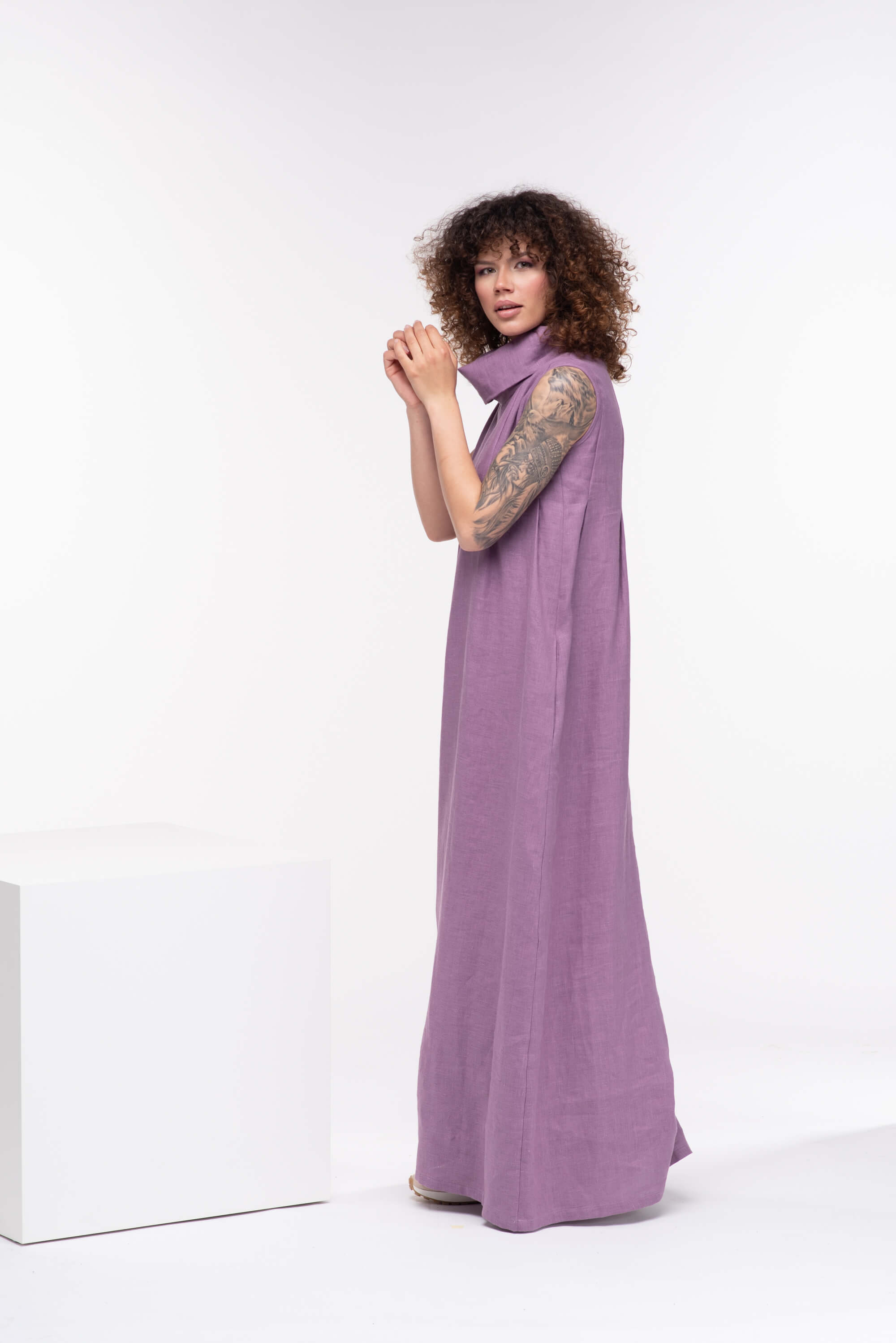 Lavender Turtleneck Long Linen Dress