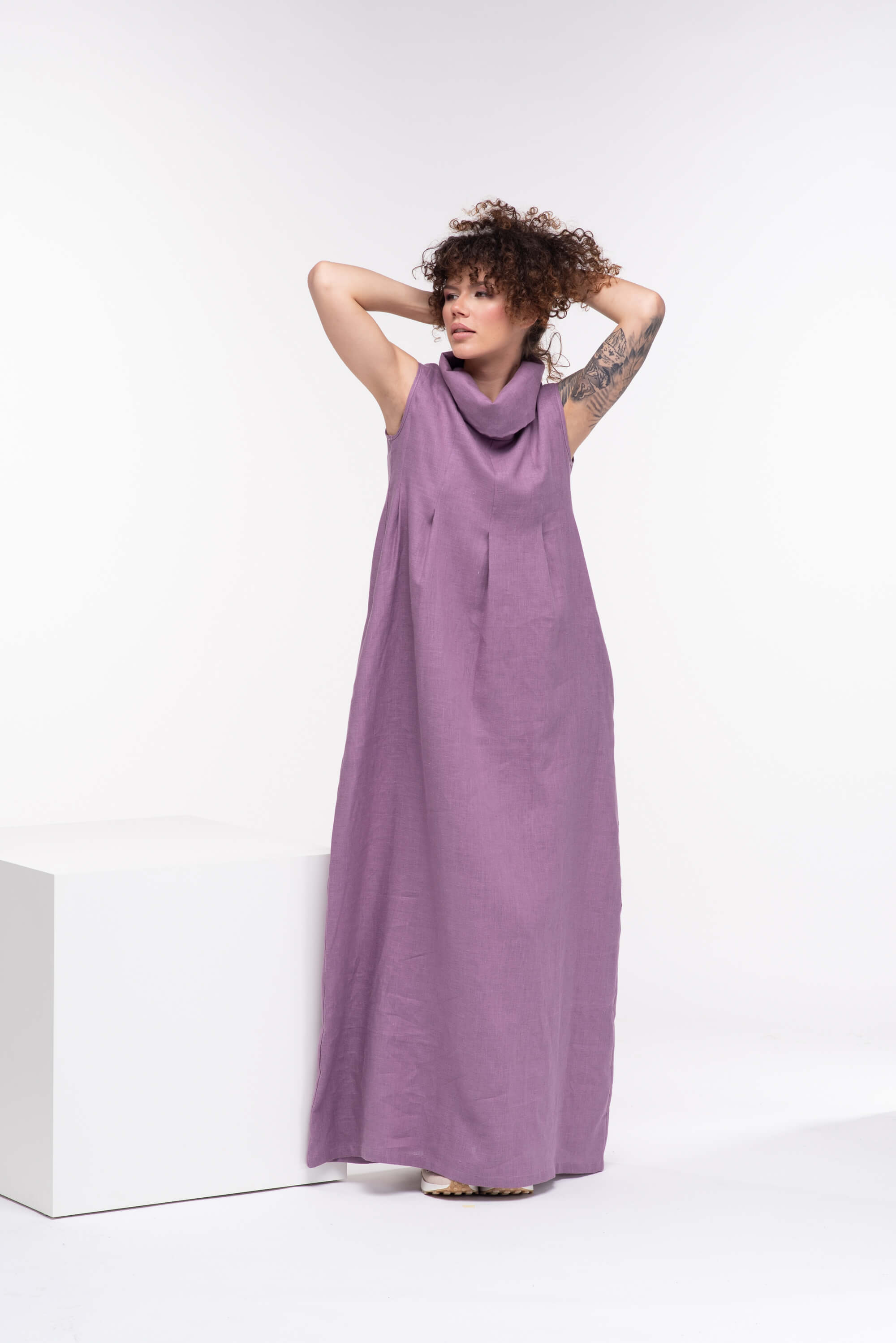 Lavender Turtleneck Long Linen Dress